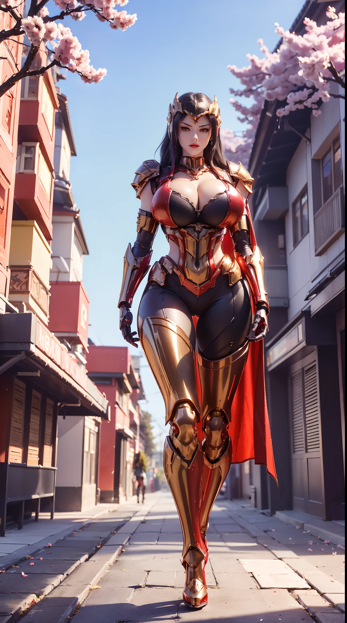 1GIRL, SOLO, (mecha helm:1.3), (BIG BUTTOCKS, HUGE BOOBS:1.4), (DRAGON MECHA GUARD ARM, GLOVES), (Red, MECHA CYBER SHINY ARMORED SUIT, ROYAL CAPE, CLEAVAGE, MECHA SKINTIGHT PANTS, GUARD ARMOR LEGS, HIGH HEELS:1.4), (MUSCULAR BODY, SEXY LONG LEGS, FULL BODY:1.5), (MUSCLE ABS:1.2), (LOOKING AT VIEWER:1), (WALKING DOWN ON STREET CHERRY TREES IN THE MORNING:1.3), PHYSICALLY-BASED RENDERING, ULTRA HIGHT DEFINITION, 16K, 1080P.