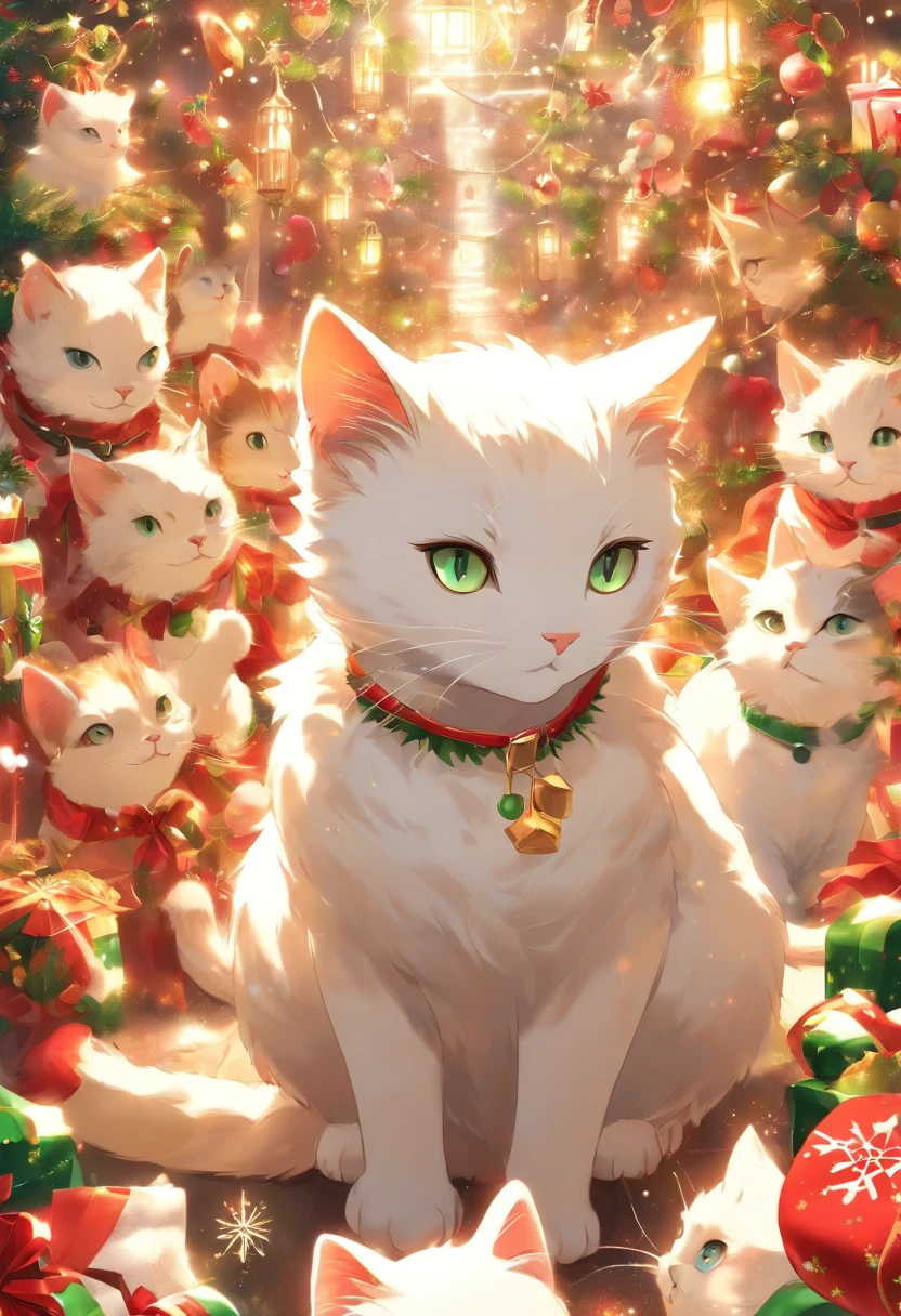 White Cat Christmas Party，biologically correct，1cat