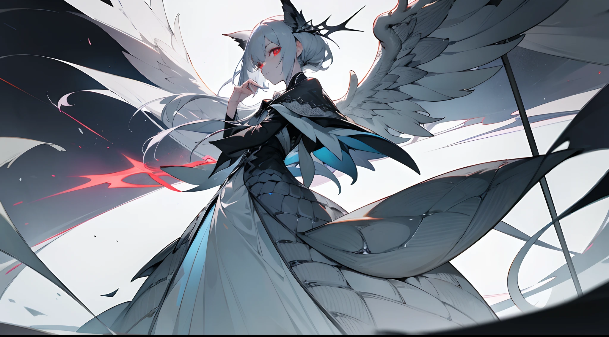 "Tall and slender body, It is about 6 feet tall, pale-skinned,Slightly morbid (Pale, Sick tone), Silver-white hair, Redness of the eyes,It emits an eerie glow (Red eyes, eerie glow), The wing is asymmetrical,The right wing is slightly larger than the left (Asymmetrical wings, Bigger right), Gray skin on the surface of the wings (Gray wing skin), A hand that looks sharp and metallic, Slender twisted fingers sparkle like metal (Sharp metal hands, Slender twisted fingers), Similar to the tail of a reptile, Covered with small scales,The tip is sharp (Reptile-like tail, Scale coverage, pointed), The color is also gray (Gray tail)."Xinhua State
concentrated:
- Tags are separated by commas。
- "Tall and slender body, It is about 6 feet tall" The figure and height of the characters are described。
- "pale-skinned,Slightly morbid" Describes the character's skin condition。
- "Silver-white hair" Describe the character's hair color。
- "Redness of the eyes,It emits an eerie glow" The eye color and mysterious glow of the characters are described。
- "The wing is asymmetrical,The right wing is slightly larger than the left" The asymmetrical wings of the figure are described。
- "Gray skin on the surface of the wings" The gray skin on the wings is described。
- "A hand that looks sharp and metallic, Slender twisted fingers sparkle like metal" The special appearance and shiny metallic texture of one of the character's hands is described。
- "Similar to the tail of a reptile, Covered with small scales,The tip is sharp" The character is described as having a reptile-like tail,Covered with scales,And the ending is sharp。
- "The color is also gray" Added tail。