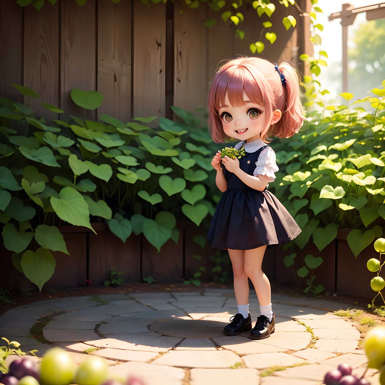 masterpiece、top-quality、ultra-detailliert、(Chibi Chara's Daughter:1.2)、Garden of green vines、Raise your mouth and smile、Green grapes are in your hands、Standing