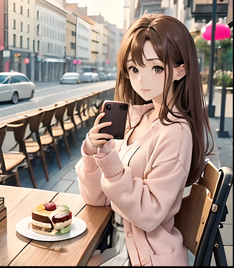 masuter piece, Best Quality, Realistic anime、8K Wallpapers, (beautidful eyes), ((Beautiful)), (lovely) ,(((1girl in))),23years old,((cafe terrace、Sit in front of the table、(Take photos on the table with your smartphone、Point your smartphone at the table))、A lot of cakes on the table、Fancy beautiful cake))、Soft light、（Brown hair long hair）、（distressed look）、White skirt、Pink cardigan