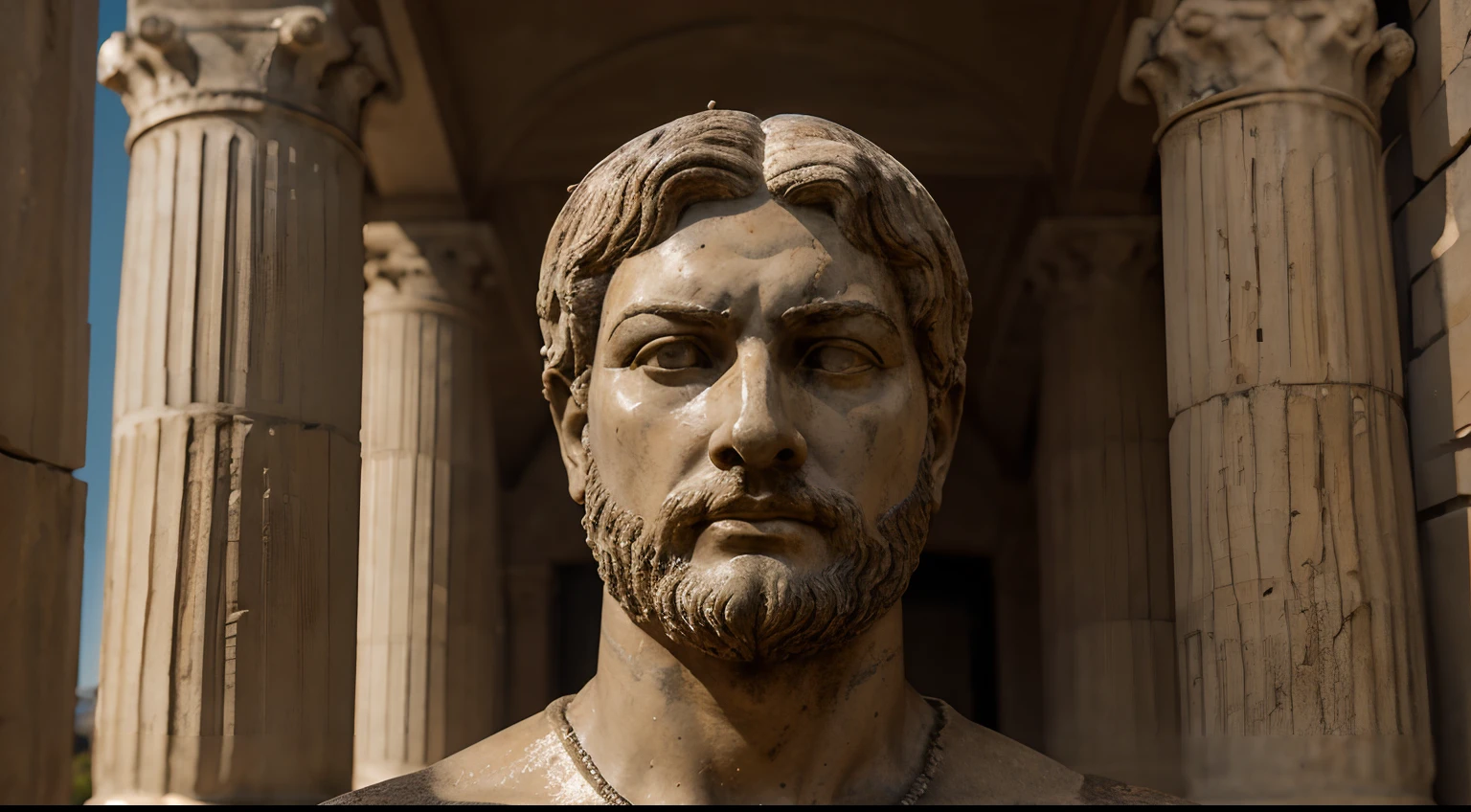 Ancient Stoic Statue With Very Angry Expression, tem barba, muitos detalhes em ambos os olhos, Outside, fundo atenas grego, open sky, com rosto extremamente detalhado full body view, Colors with low saturation with dark tone, Filmado em Sony A7S III com Sony FE 35mm f/1.8, 12.1 MP, --AR 3:2 --estilo cru
