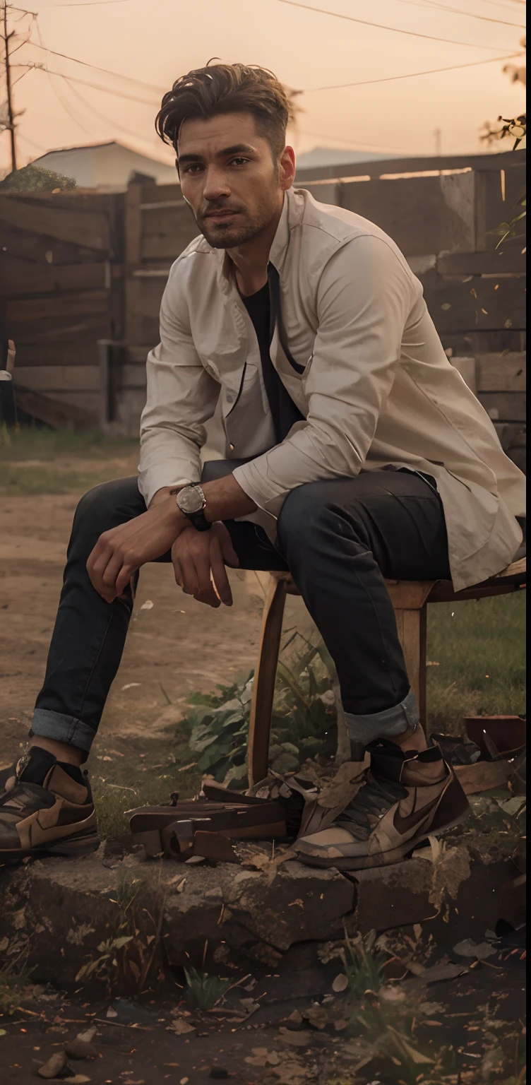 A man with a cap on his head, sitting on a chair, a wheat field in the background, smoking a cigarette, a chessboard in front, 4K