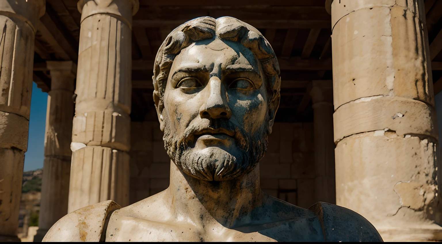 Ancient Stoic Statue With Very Angry Expression, tem barba, muitos detalhes em ambos os olhos, Outside, fundo atenas grego, open sky, com rosto extremamente detalhado full body view, Colors with low saturation with dark tone, Filmado em Sony A7S III com Sony FE 35mm f/1.8, 12.1 MP, --AR 3:2 --estilo cru