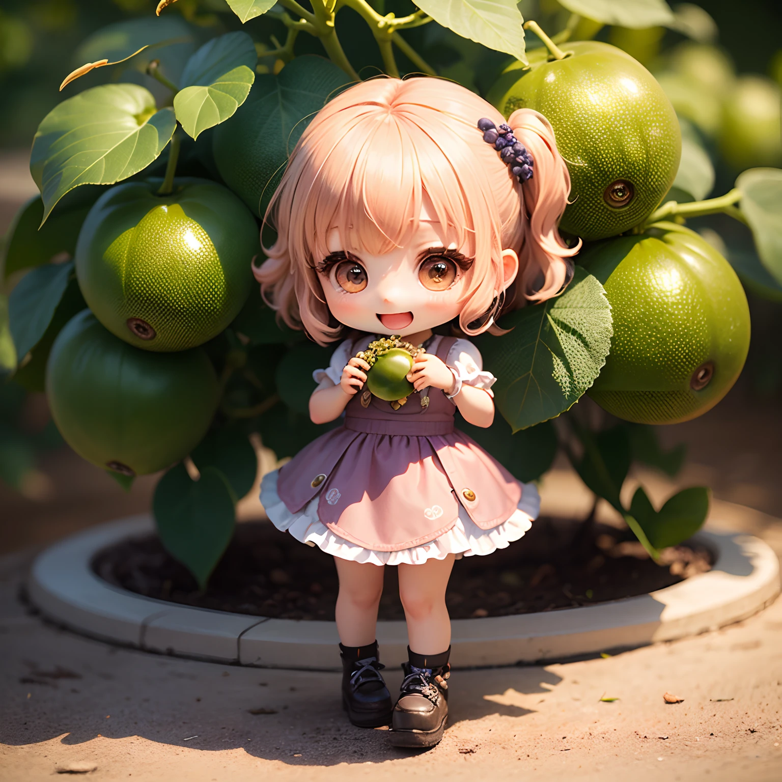 masterpiece、top-quality、ultra-detailliert、(Chibi Chara's Daughter:1.2)、Green grape garden、Open your mouth and smile、Green grapes are in your hands、Standing
