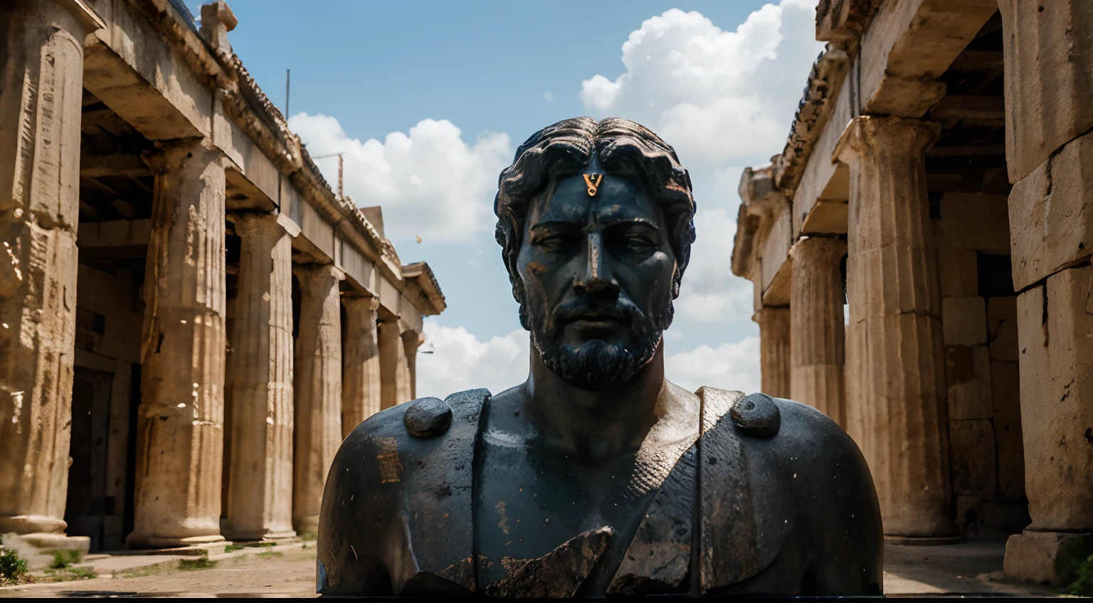 Ancient Stoic Statue With Very Angry Expression, tem barba, muitos detalhes em ambos os olhos, Outside, fundo atenas grego, open sky, com rosto extremamente detalhado full body view, Colors with low saturation with dark tone, Filmado em Sony A7S III com Sony FE 35mm f/1.8, 12.1 MP, --AR 3:2 --estilo cru
