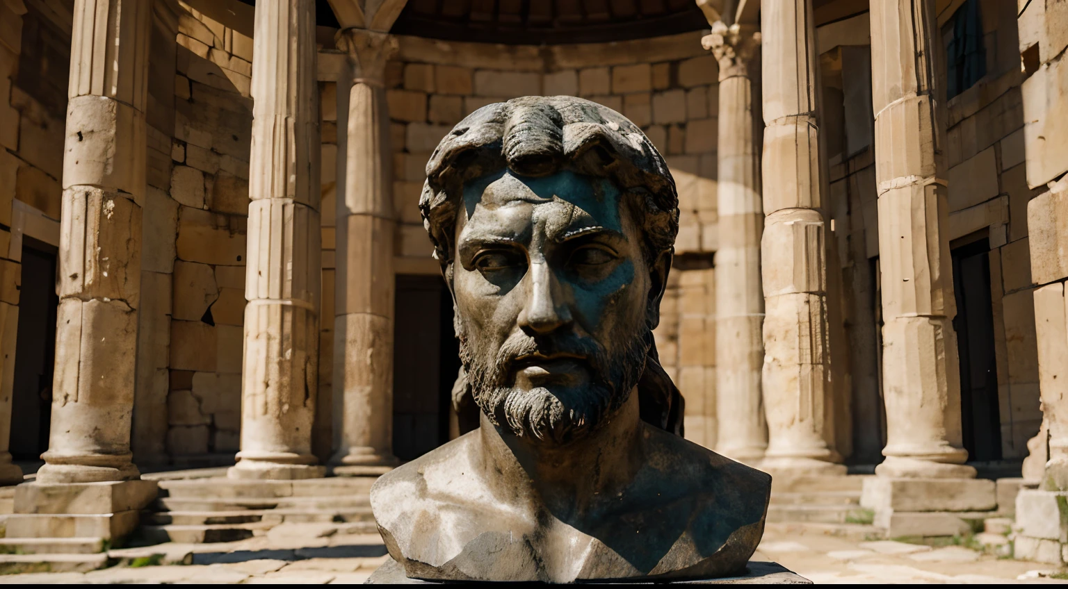 Ancient Stoic Statue With Very Angry Expression, tem barba, muitos detalhes em ambos os olhos, Outside, fundo atenas grego, open sky, com rosto extremamente detalhado full body view, Colors with low saturation with dark tone, Filmado em Sony A7S III com Sony FE 35mm f/1.8, 12.1 MP, --AR 3:2 --estilo cru
