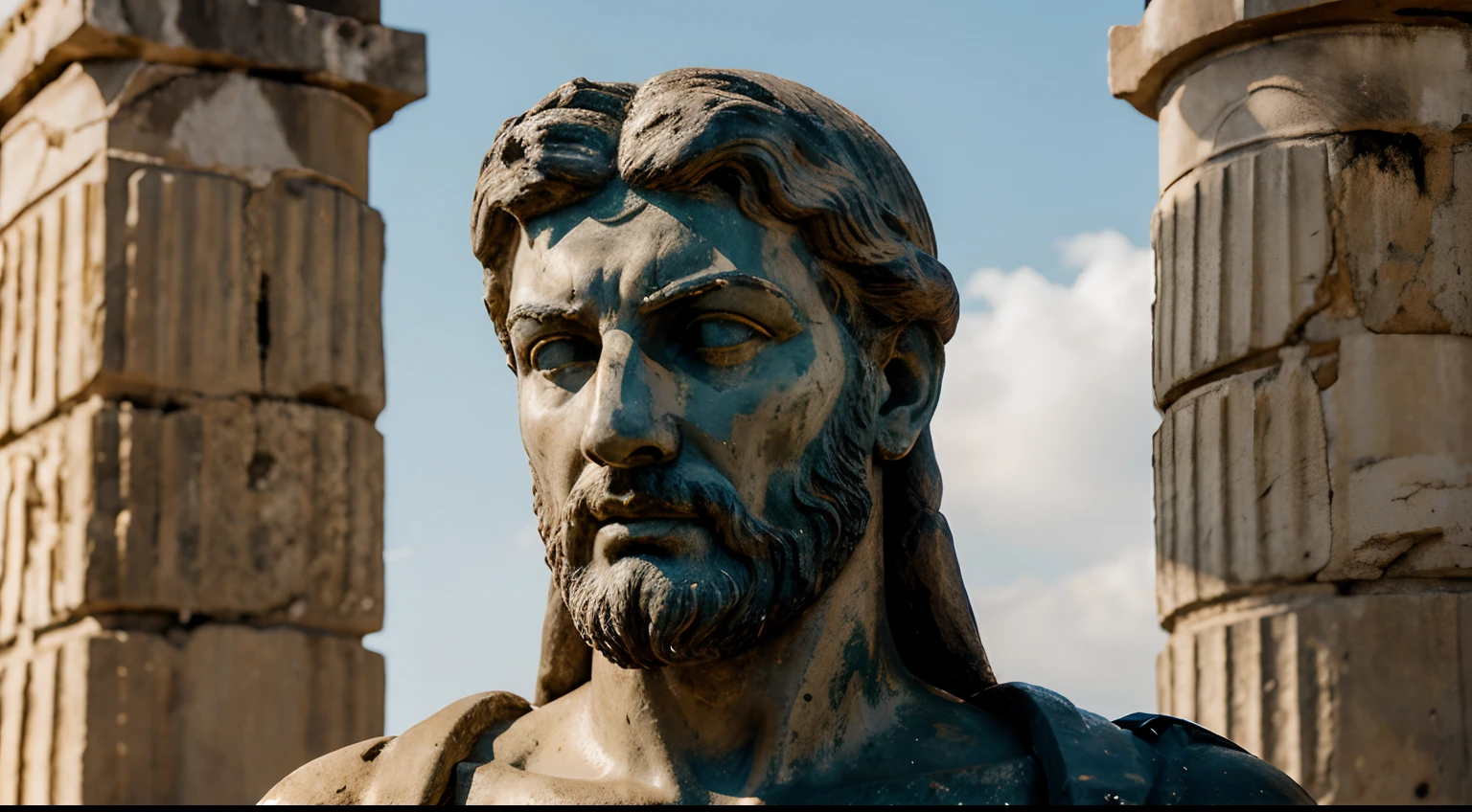 Ancient Stoic Statue With Very Angry Expression, tem barba, muitos detalhes em ambos os olhos, Outside, fundo atenas grego, open sky, com rosto extremamente detalhado full body view, Colors with low saturation with dark tone, Filmado em Sony A7S III com Sony FE 35mm f/1.8, 12.1 MP, --AR 3:2 --estilo cru