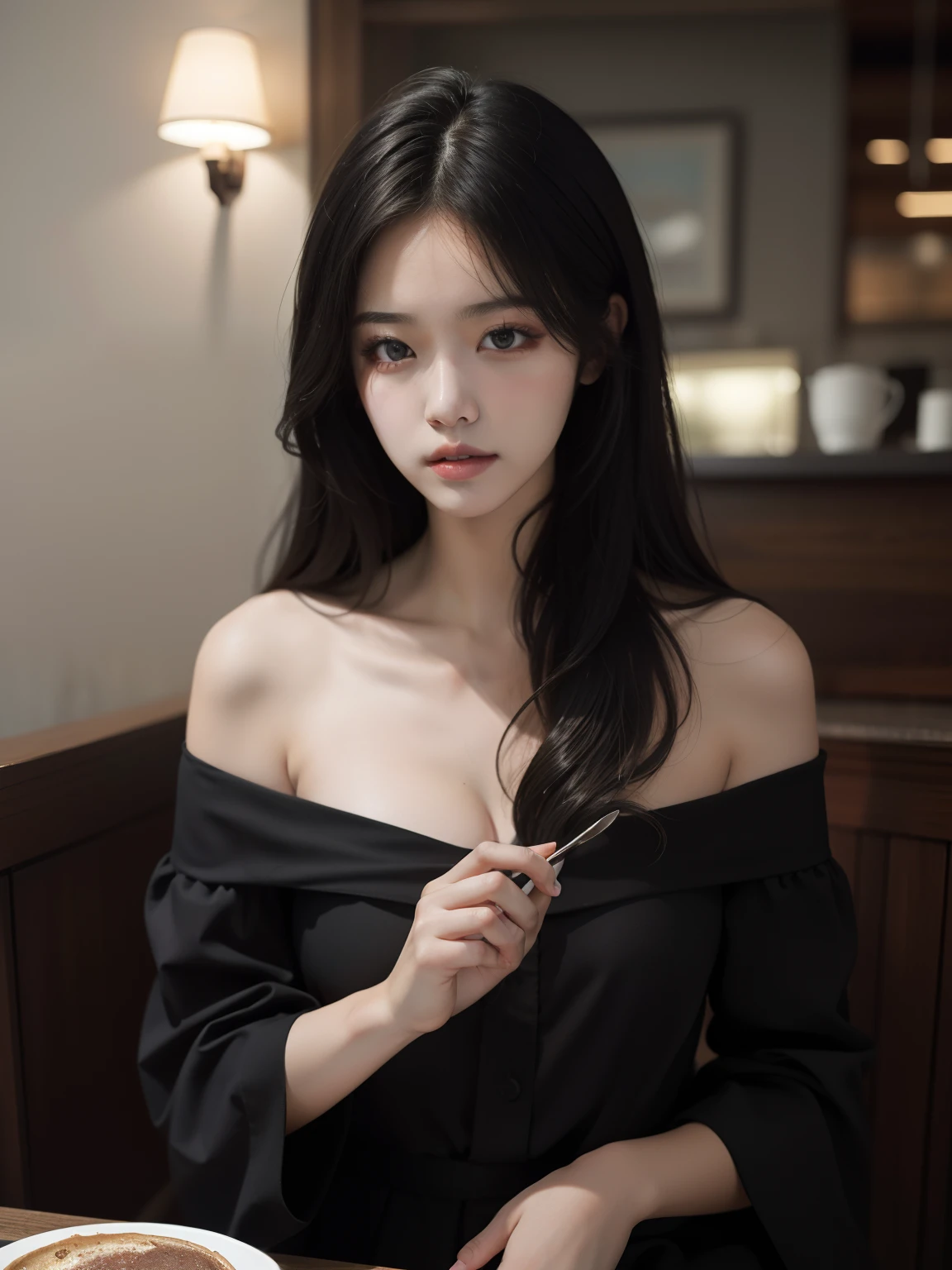 best qualityer, Masterpieces, Super high resolution, (photograph realistic:1.5), Original image,Black dress ,Korean 1girl, offshoulder, In the dark, deepshadow, low tune, Cold light, look, long whitr hair,Cafe,pretty,lim light,swirling hair