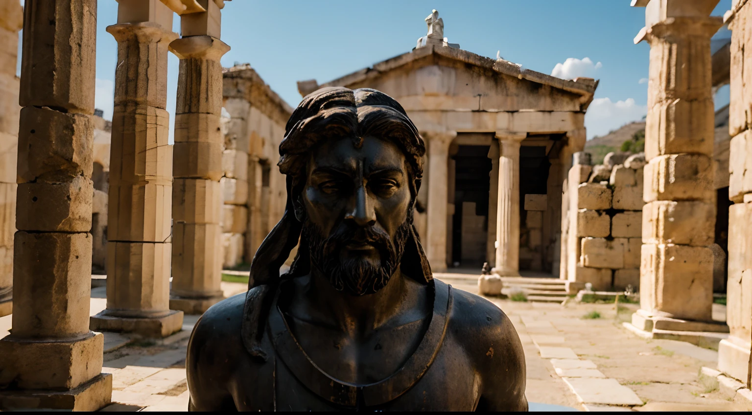 Ancient Stoic Statue With Very Angry Expression, tem barba, muitos detalhes em ambos os olhos, Outside, fundo atenas grego, open sky, com rosto extremamente detalhado full body view, Colors with low saturation with dark tone, Filmado em Sony A7S III com Sony FE 35mm f/1.8, 12.1 MP, --AR 3:2 --estilo cru