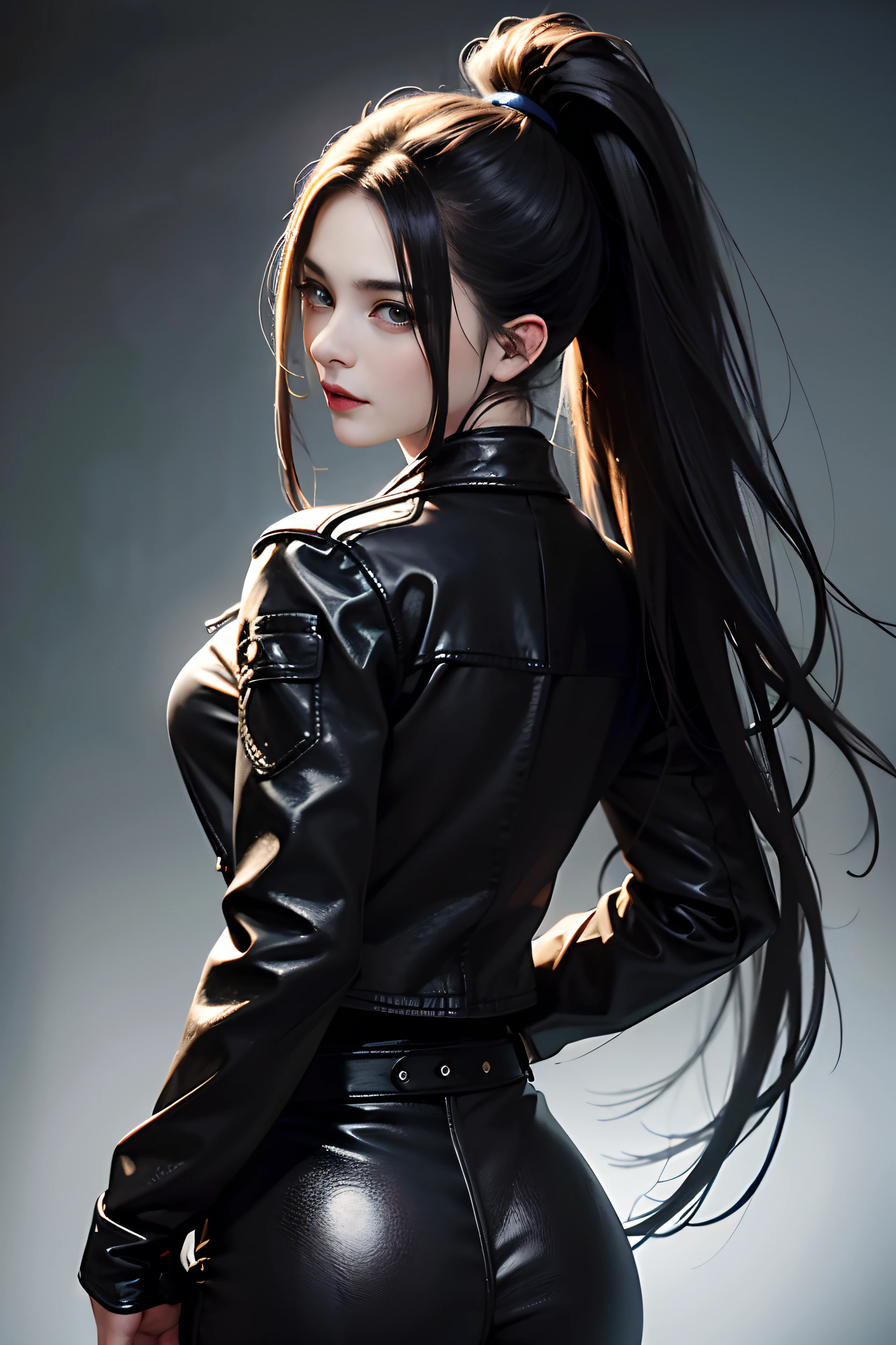 (skindentation:1.5), Realistic, Photorealistic, (masterpiece:1.5), concept art, intricate details, highly detailed, photorealistic, octane render, 8k, unreal engine, dynamic pose, best quality, highres, (realistic face:1.1), (hyperrealistic:1.1), ((full_body)), perfect eyes,(shiny skin:1.2), (((hairstyle))), (((perfect hands))), (extremely detailed background), ((dynamic background)), ((large moon)), ((1girl)), wearing black leather jacket, black leather long pants, black t-shirt, black boots, (((flowing jacket))), ((detailed eyes, high quality eyes, high quality face)), (extremely intricate jacket), long black hair, ((dramatic)), epic, city, depth of field, bokeh, 4k, college, (((ponytail))), ((standing pose)