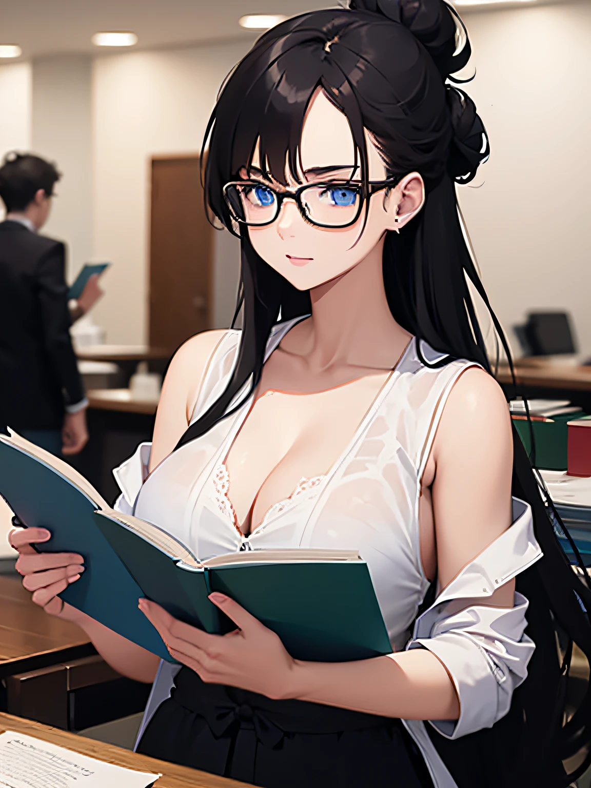 long and black hair, wearing glasses, sleeveless, busy reading a book, blue eyes, messy bun hairstyle, perfect fingers, cleavage,