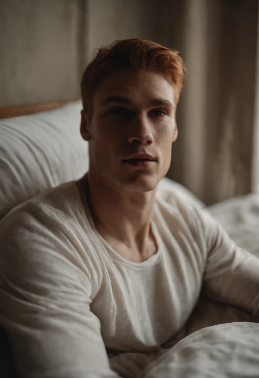 arafed man in underwear sitting on a bed with his legs crossed, smooth translucent white skin, underwear ad, translucent white skin, smooth white skin, crisp smooth clean lines, gorgeous young model, teen boy, crisp smooth lines, male model, smooth pale skin, smooth white surroundings, red haired teen boy, smooth body features, detailed white, teenage boy, model posing