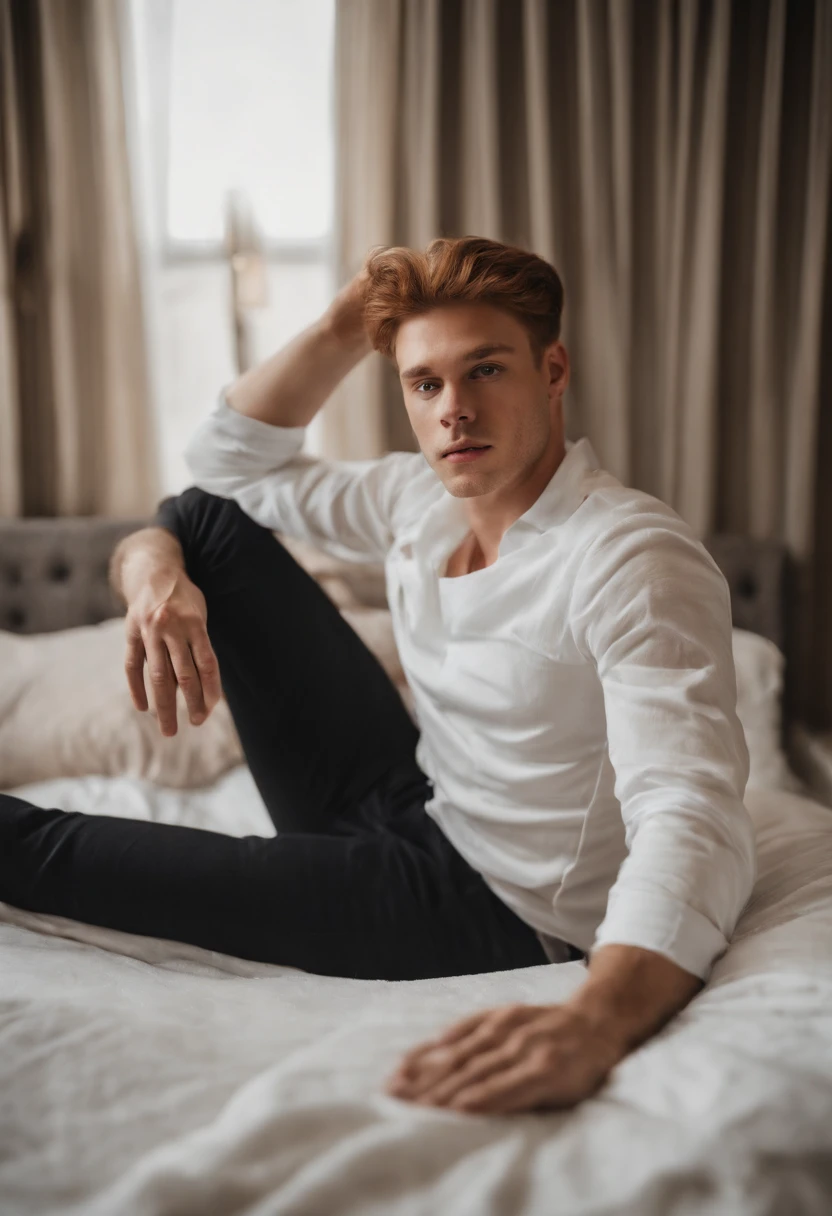 Sexy twink man laying in a bed wearing only a pair of white socks and white underwear. He is posed with his feet in front of the camera and has a nice bulge. He has ginger hair and ginger body hair sprinkled throughout his body