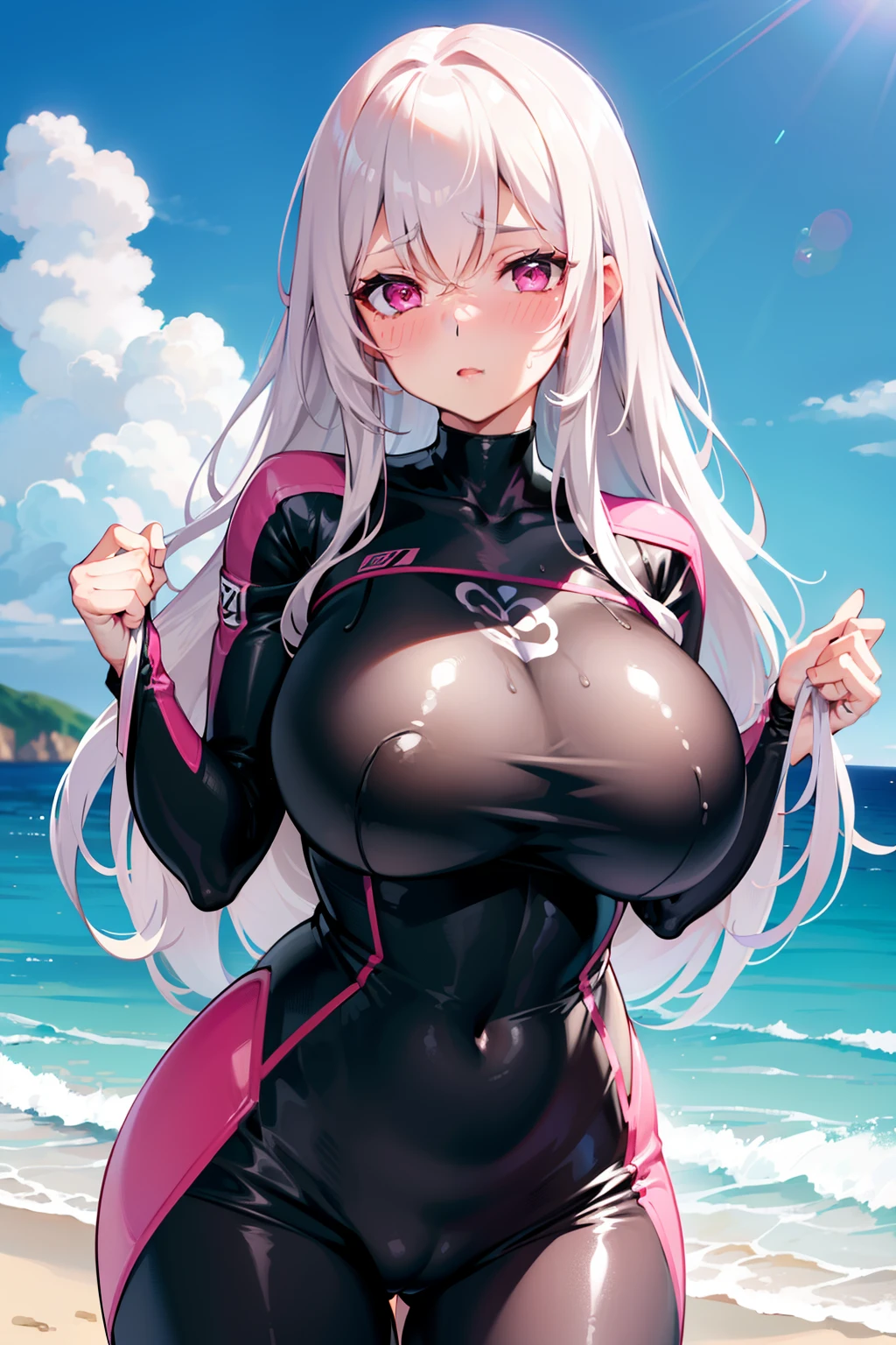 big boobs,flustered, blush, white hair, long hair, , sexy body, lean body,  sfw, woman, pink eyes, big bust, boobs too big for wetsuit, extremely tight, wetsuit, sea, beach, wetsuit,