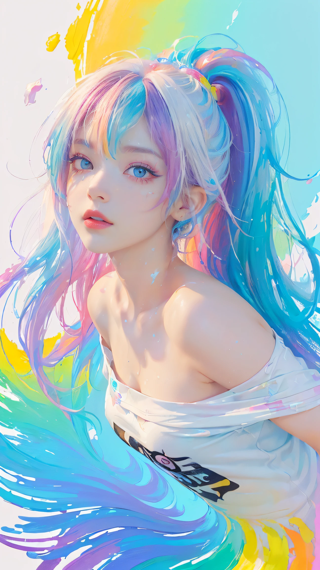 ( Topless nipp),(Colorful hair: 1.8), (all the colours of the rainbow: 1.8),(((((vertical painting:1.6))), (painting:1.6),front, comics, illustrations, paintings, large eyes, crystal clear eyes,( rainbow color gradient high ponytail:1.7), exquisite makeup, closed mouth,(Small Fresh: 1.5),(Wipe Chest: 1.6) ,long eyelashes, white off shoulder T-shirt, White Shoulder Shirt,looking at the audience, large watery eyes, (rainbow colored hair:1.6), color splash, (solo:1.8), color splash, color explosion, thick paint style, messy lines, ((shining)),(colorful), (colorful), (colorful), colorful, Thick Paint Style, (Splash) (Color Splash), Vertical Painting, Upper Body, Paint Splash, Acrylic Pigment, Gradient, Paint, Highest Image Quality, Highest Quality, Masterpiece, Solo, Depth of Field, Face Paint, colorful clothes, (Elegant: 1.2), gorgeous,long hair, wind, (Elegant: 1.3), (Petals: 1.4),(((masterpiece))),(((best quality))),((ultra-detailed)),(illustration),(dynamic angle),((floating)),(paint),((disheveled hair)),(solo),(1girl) , (((detailed anima face))),((beautiful detailed face)),collar,bare shoulders,white hair, ((colorful hair)),((streaked hair)),beautiful detailed eyes,(Gradient color eyes),(((colorful eyes))),(((colorful background))),(((high saturation))),(((surrounded by colorful splashes))),
