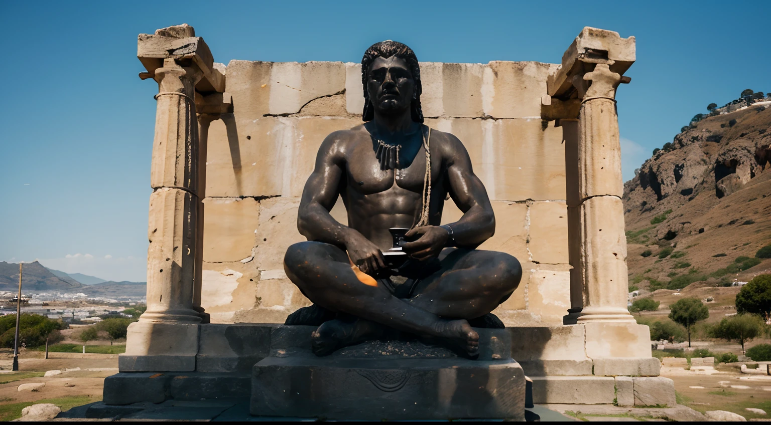 Ancient Stoic Statue With Very Angry Expression, tem barba, muitos detalhes em ambos os olhos, Outside, fundo atenas grego, open sky, com rosto extremamente detalhado full body view, Colors with low saturation with dark tone, Filmado em Sony A7S III com Sony FE 35mm f/1.8, 12.1 MP, --AR 3:2 --estilo cru