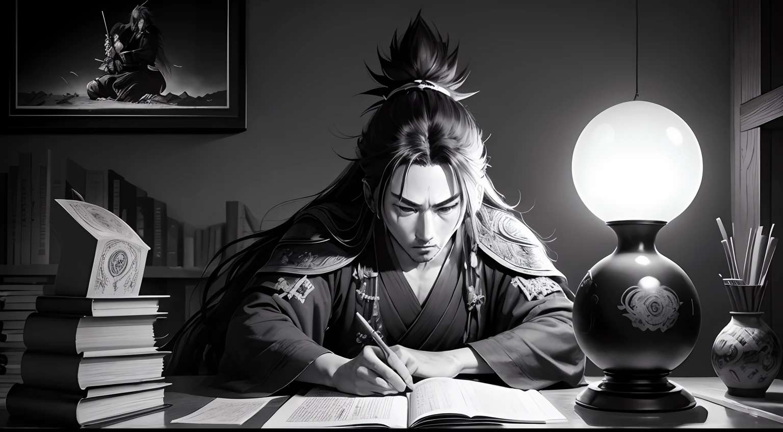 (Manga, black and white, high contrast , scenery,  MIYAMOTO MUSASHI, vagabond ), ancient books , laying on table ,  ancient literature,hd , 4k, 8k, uhd, hdr, detailed background, background, detailed , manga black and white , high contrast