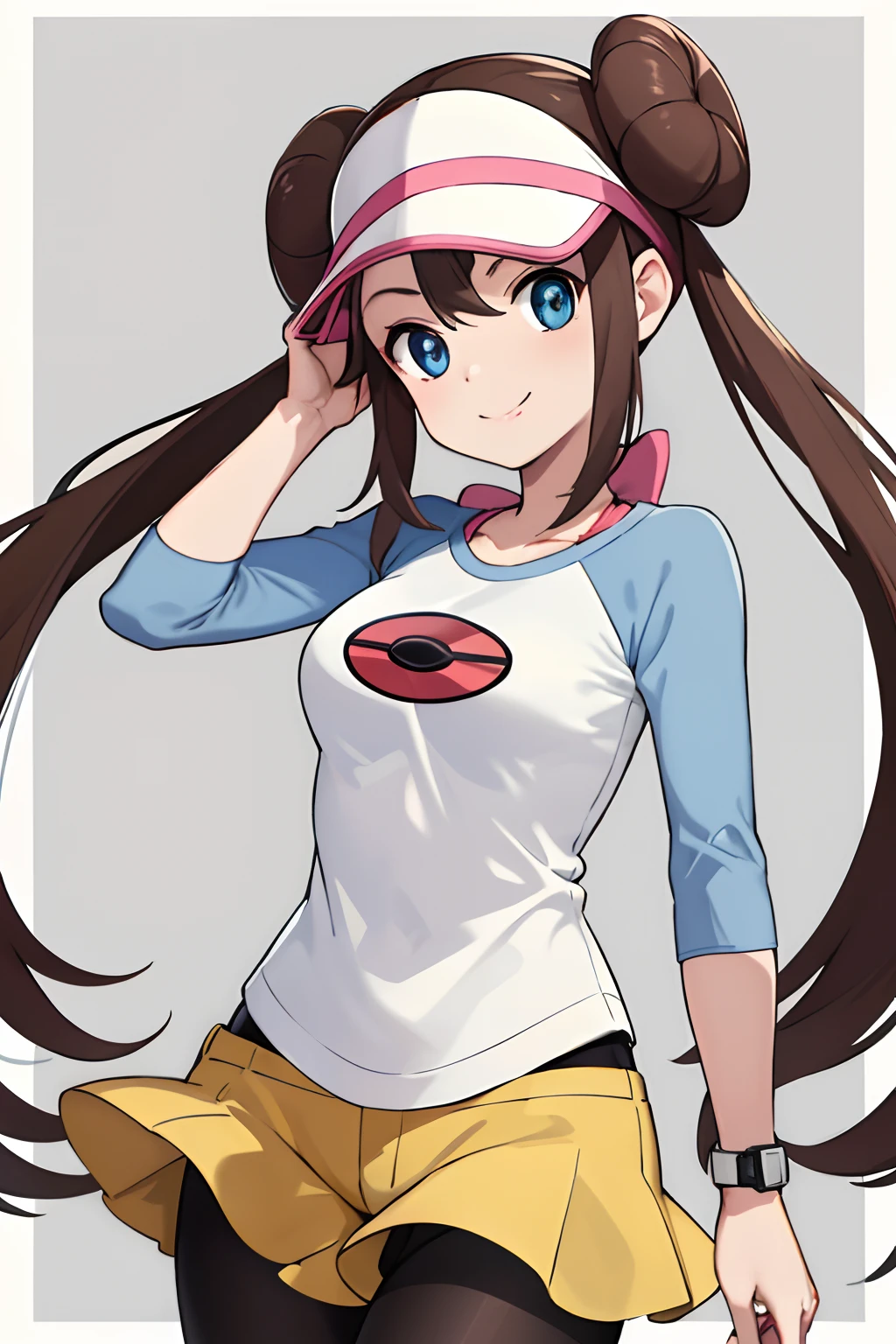 masterpiece, best quality, highres, ro1, hair bun, blue eyes, twintails, visor cap, pantyhose, raglan sleeves, yellow shorts, shirt, pink bow, wristwatch, standing, cowboy shot, field, poke ball \(basic\), smile
