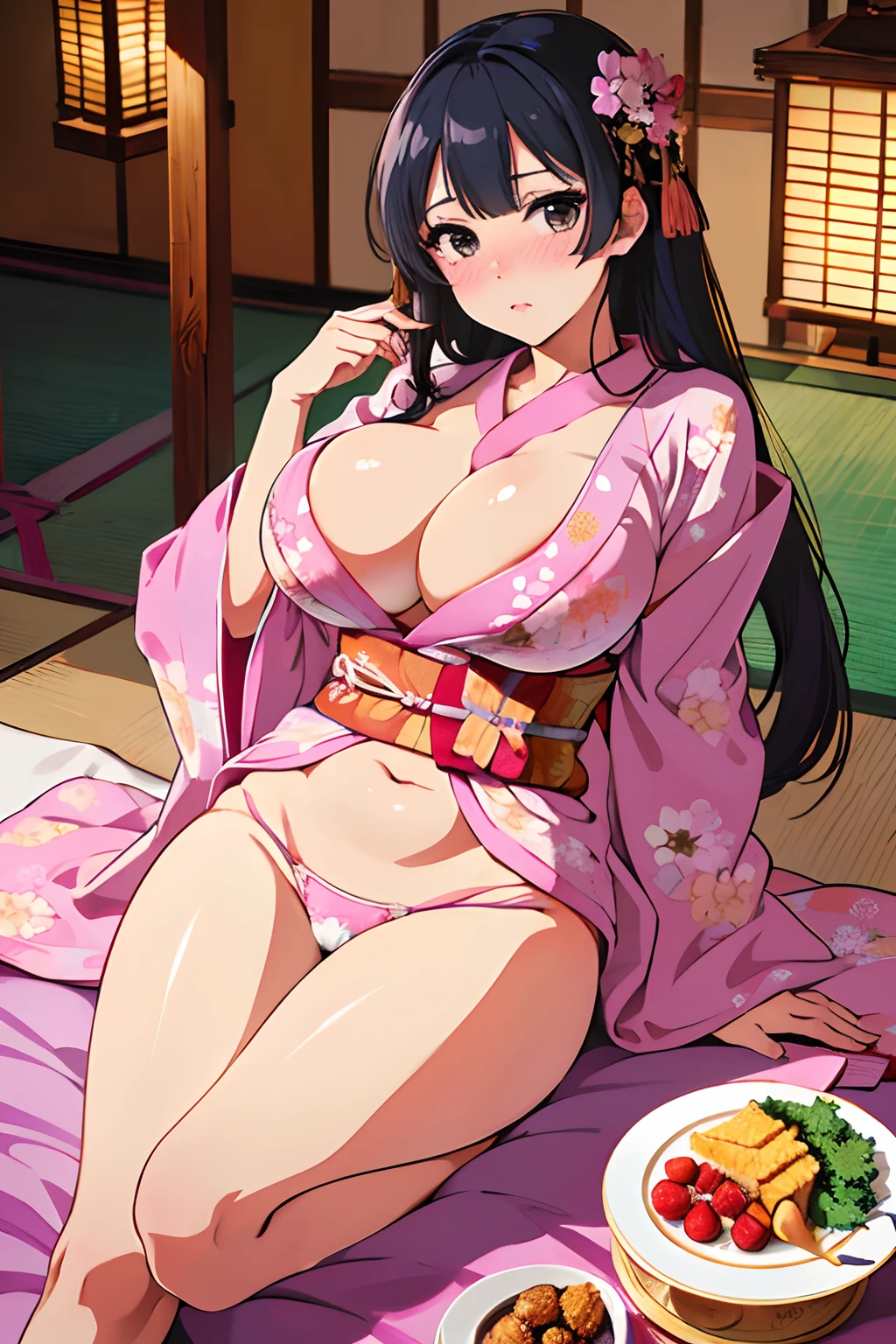 (masutepiece,Best Quality,High quality,ultra-detailliert,Extremely detailed,超A high resolution,Best aesthetic,8K,Cinematic Light),(((beautiful kimonos,Pink kimono,Komono,beautiful boob,Colossal tits,saggy tits,Open chest,Legs seen from the hem of a kimono,No Underwear)),nose blush