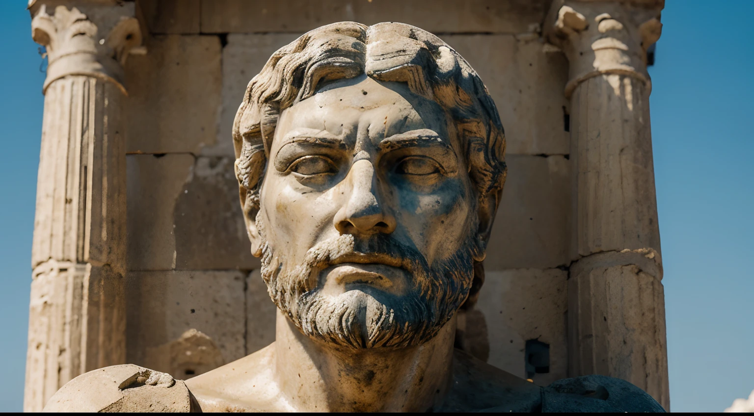 Ancient Stoic Statue With Very Angry Expression, tem barba, muitos detalhes em ambos os olhos, Outside, fundo atenas grego, open sky, com rosto extremamente detalhado full body view, Colors with low saturation with dark tone, Filmado em Sony A7S III com Sony FE 35mm f/1.8, 12.1 MP, --AR 3:2 --estilo cru