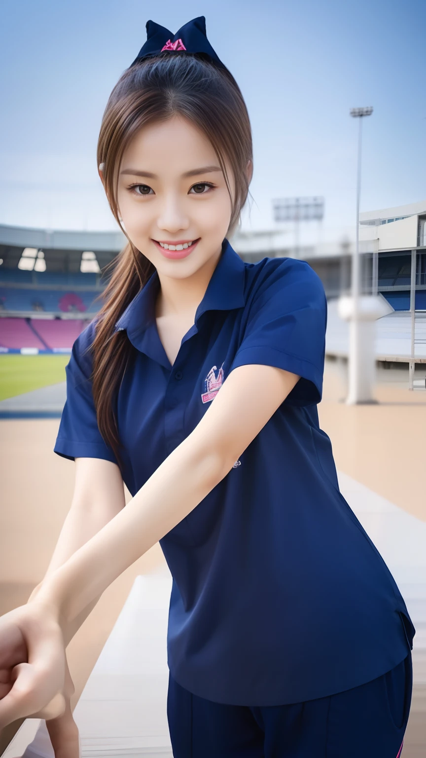 top-quality, ​masterpiece, 8K, 超A high resolution, (Photorealsitic:1.4), 1girl in、Beautiful expression、symmetrical eye、Colossal tits、Perfect body proportion、toru & Field Team Uniforms、A smile、Look at viewers、(athletic field:1.2)、long legged(1.3)、