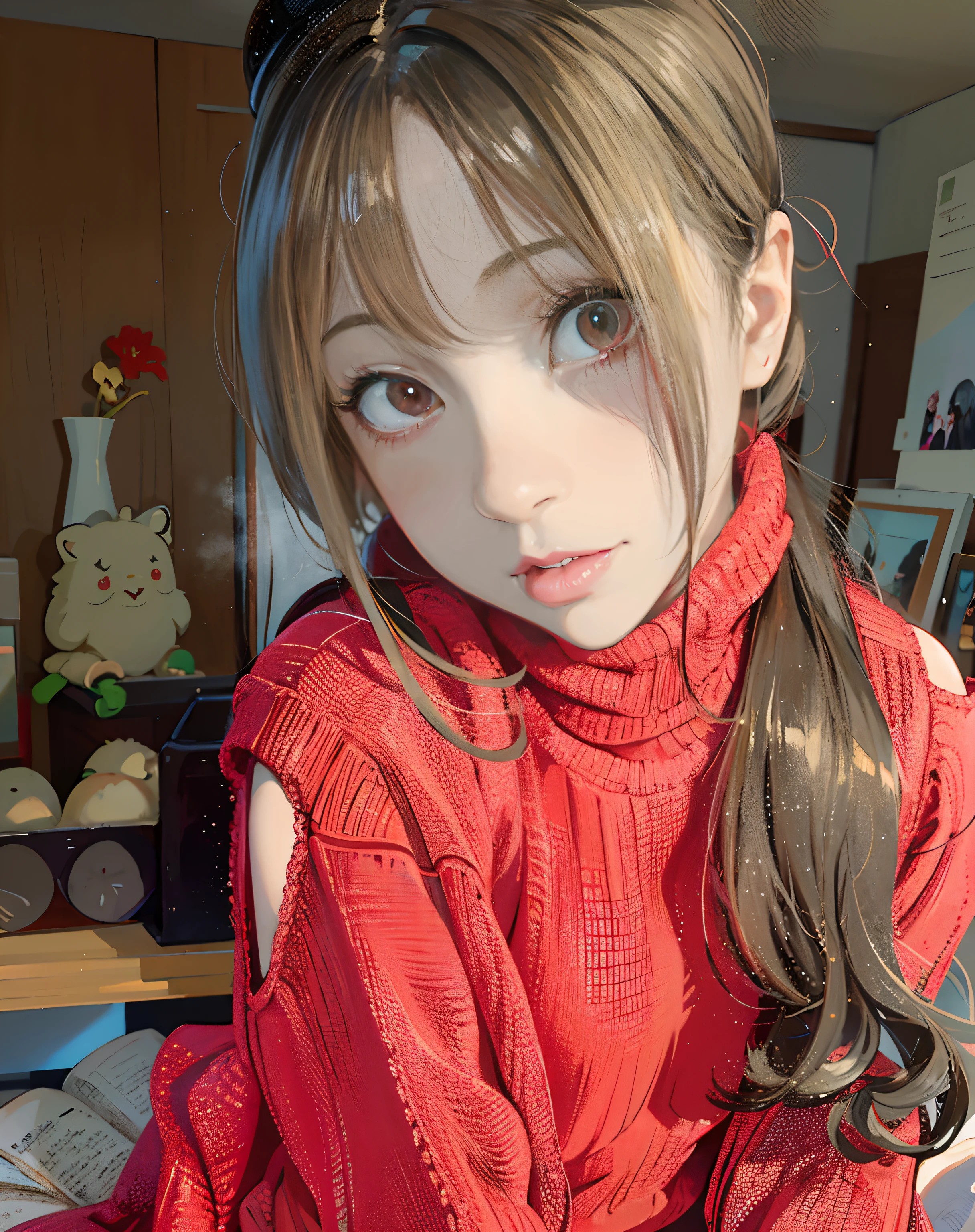 There is a woman with long hair wearing a red sweater, ulzzangs, sakimichan, sakimichan, 🍁 Cute, Red color, the face of a beautiful Japanese girl, cute - fine - face, 奈良美智, shikamimi, chiho, Rin, luminous red eyes, red contact lenses