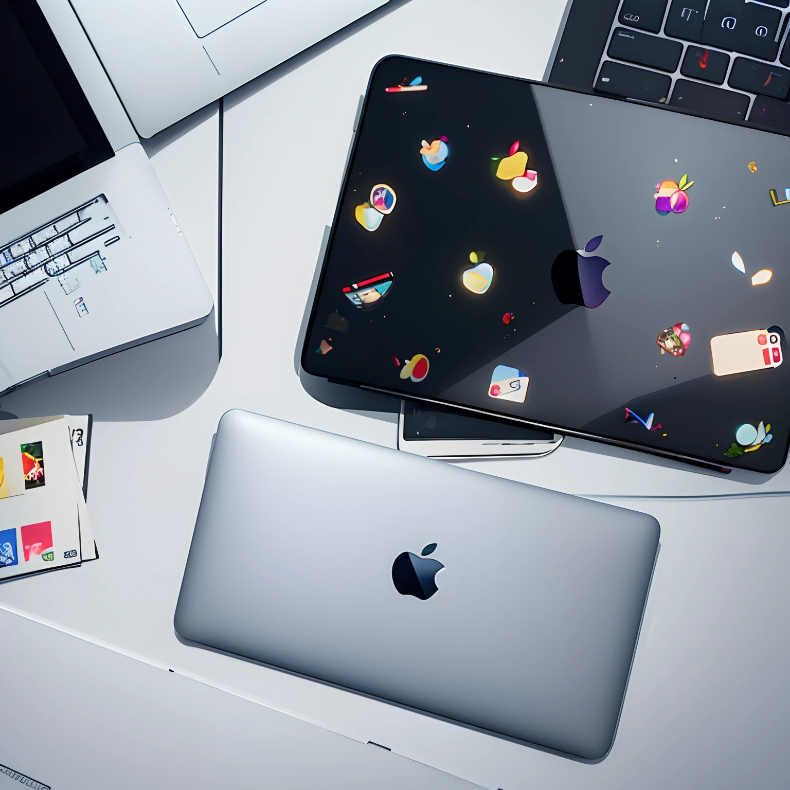 MacBook with so many stickers that the apple logo is not visible, masterpiece, super detail, best quality