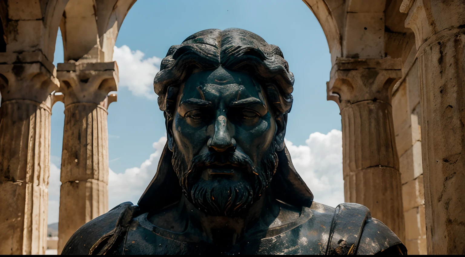 Ancient Stoic Statue With Very Angry Expression, tem barba, muitos detalhes em ambos os olhos, Outside, fundo atenas grego, open sky, com rosto extremamente detalhado full body view, Colors with low saturation with dark tone, Filmado em Sony A7S III com Sony FE 35mm f/1.8, 12.1 MP, --AR 3:2 --estilo cru