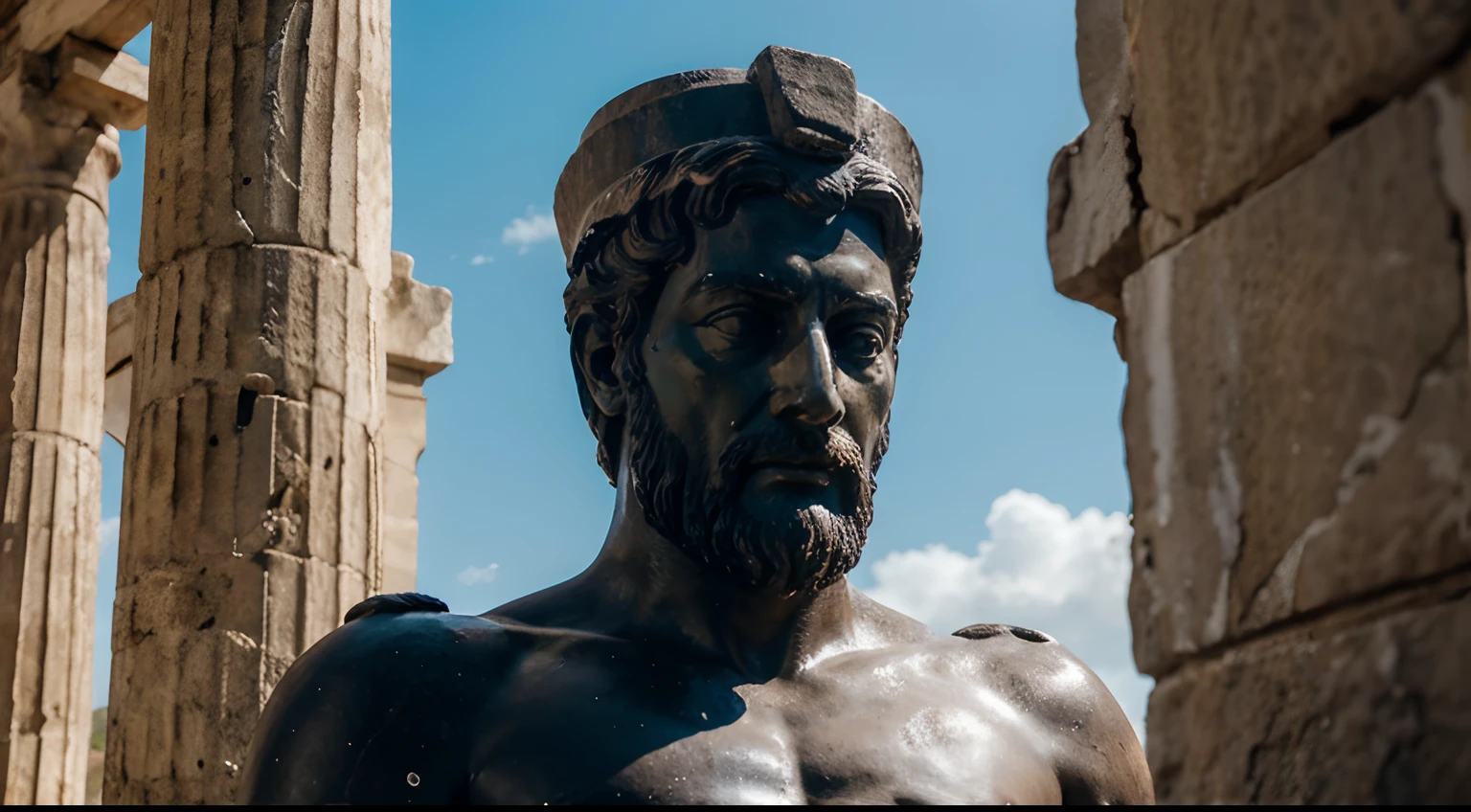 arafed statue of a man holding a sword in front of a body of water, colossus of rhodes, the colossus of rhodes, standing on neptune, elon musk as a greek god, greek statue, statue of zeus, statue of hercules, greek god, greek myth digital painting, poseidon, by Alexander Kucharsky, statue of hercules looking angry