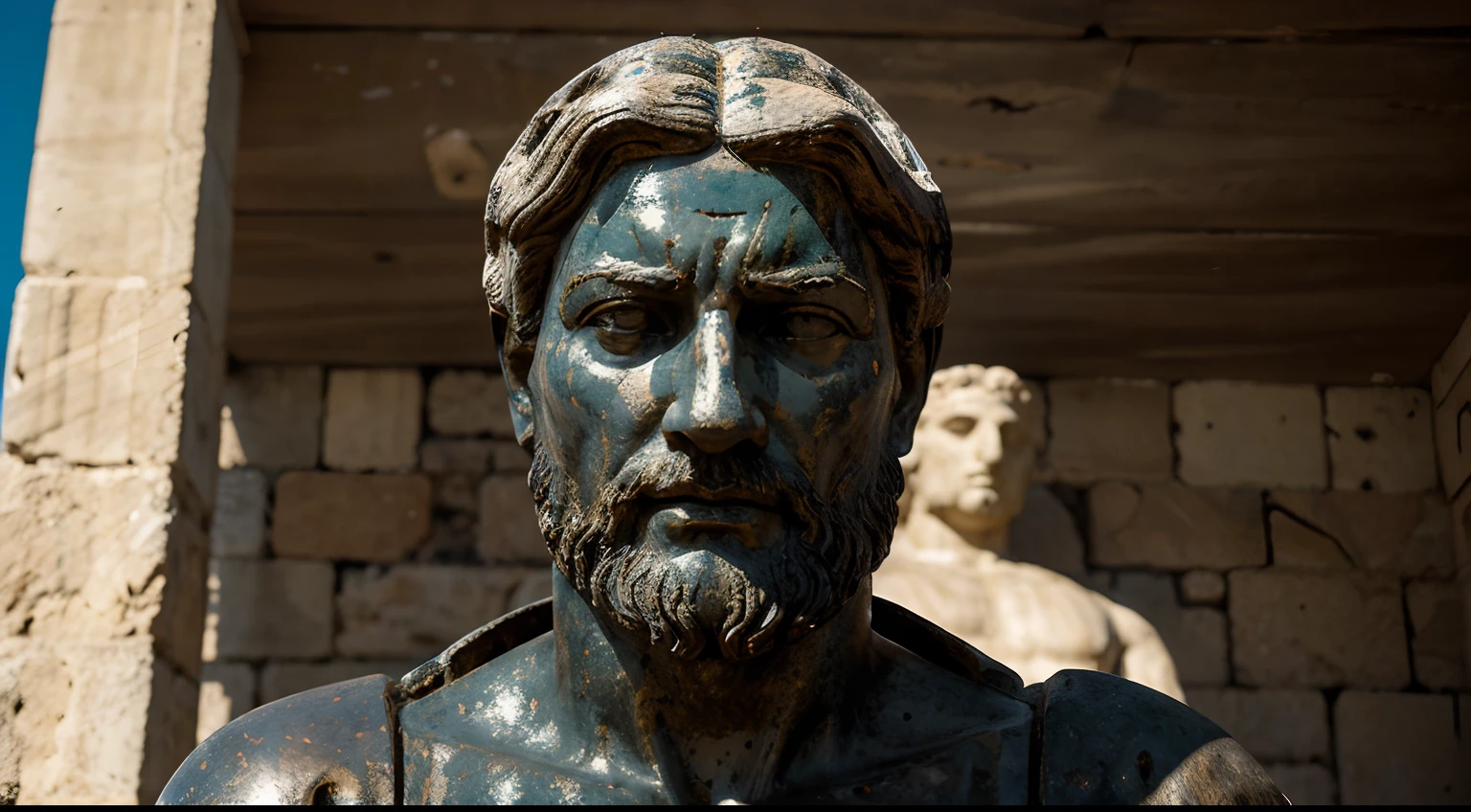 Ancient Stoic Statue With Very Angry Expression, tem barba, muitos detalhes em ambos os olhos, Outside, fundo atenas grego, open sky, com rosto extremamente detalhado full body view, Colors with low saturation with dark tone, Filmado em Sony A7S III com Sony FE 35mm f/1.8, 12.1 MP, --AR 3:2 --estilo cru