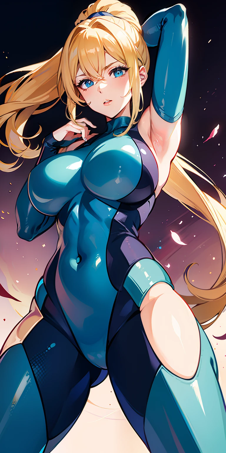 Well-defined curves visible under suit, blonde long hair, (huge breasts:1.2,) upper body, from below, (blue bodysuit, zero suit, zero suit samus, ponytail) in bedroom, pov, looking at viewer, from front,
jewelry, hands on chest,see-through, looking at viewer,  hair ornament, choker, shy,
(masterpiece, top quality, best quality, official art, beautiful and aesthetic:1.2), (1 girl), extreme detailed,  colorful, highest detailed,
Bedroom, Wall, Hard Lighting, Leaning