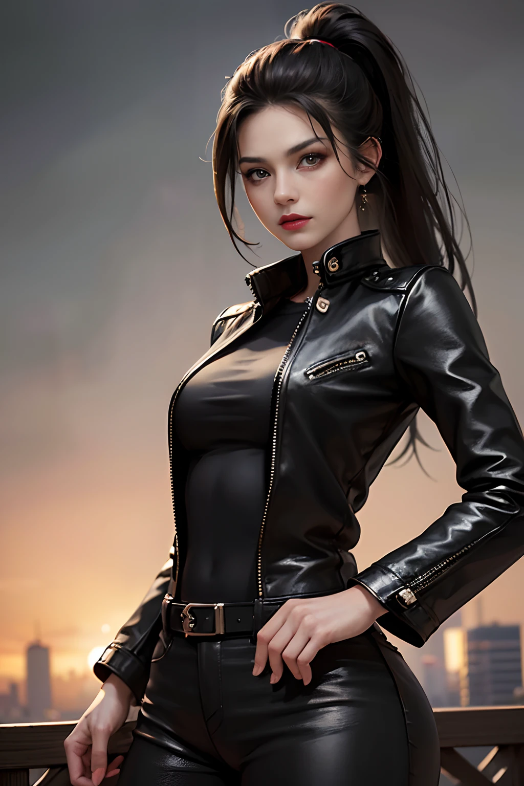 (skindentation:1.5), Realistic, Photorealistic, (masterpiece:1.5), concept art, intricate details, highly detailed, photorealistic, octane render, 8k, unreal engine, dynamic pose, best quality, highres, (realistic face:1.1), (hyperrealistic:1.1), (((full_body))), perfect eyes,(shiny skin:1.2), (((hairstyle))), (((perfect hands))), (extremely detailed background), ((dynamic background)), ((large moon)), ((1girl)), wearing black leather jacket, black leather long pants, black t-shirt, black boots, (((flowing jacket))), ((detailed eyes, high quality eyes, high quality face)), (extremely intricate jacket), long black hair, ((dramatic)), epic, city, depth of field, bokeh, 4k, college, (((ponytail))), ((standing pose))