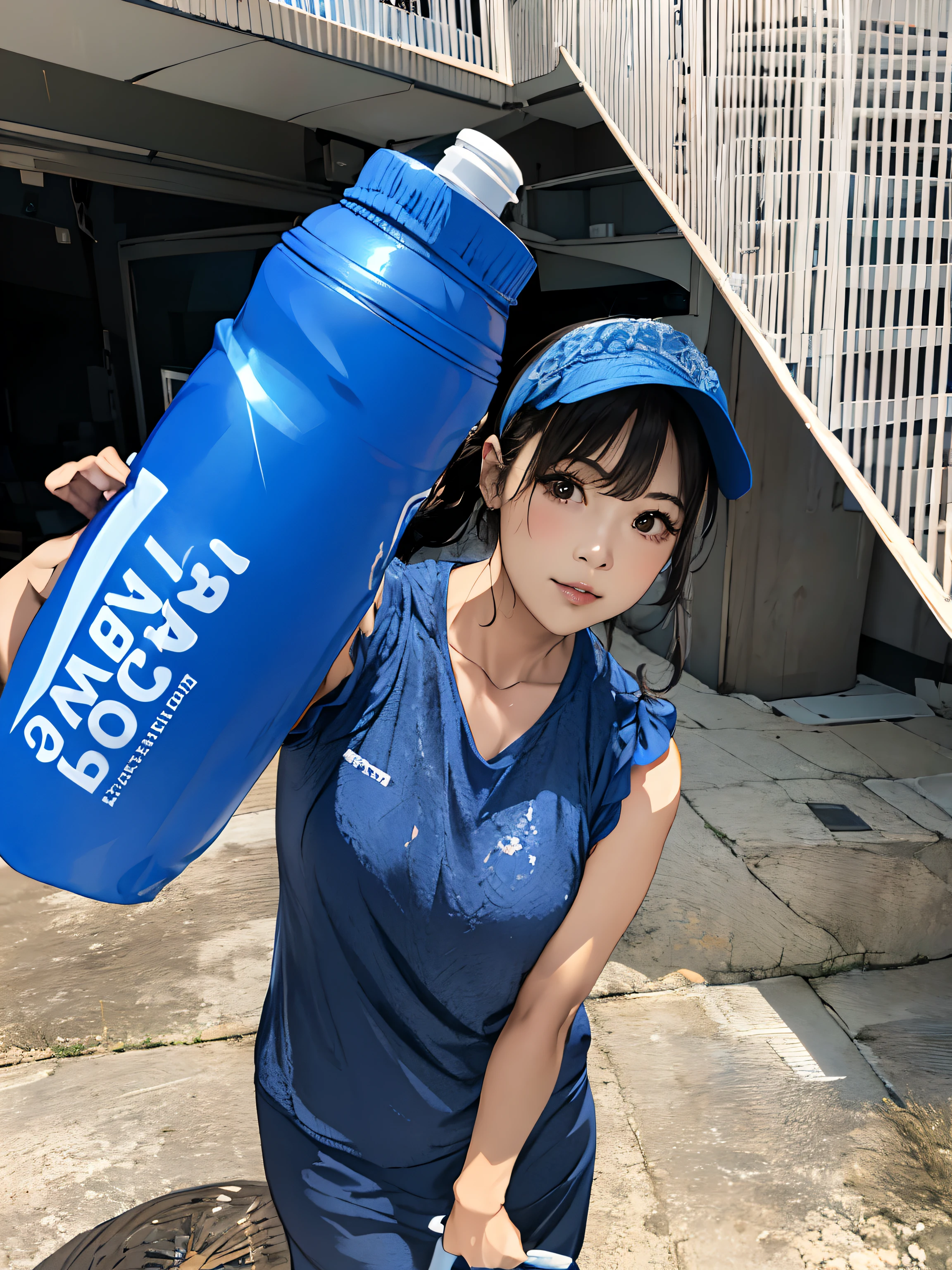 Woman with blue water bottle and blue hat, 🚿🗝📝, mayuri shiina, chiho, omina tachibana, harumi, cottagecore!! fitness body, Chiho Ashima, Holding a bottle, muscular!!, Shiori Teshirogi, Fubuki, bottles, Kimi Takemura