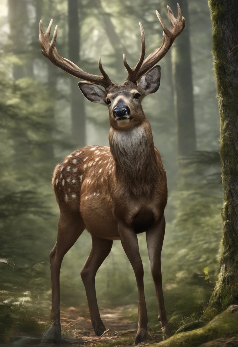 Quadrupedal, four thin legs, deer like tail, deer like ears, deer like horns, pitch black skin, chubby belly, wide hips, thick thighs, massive rear.