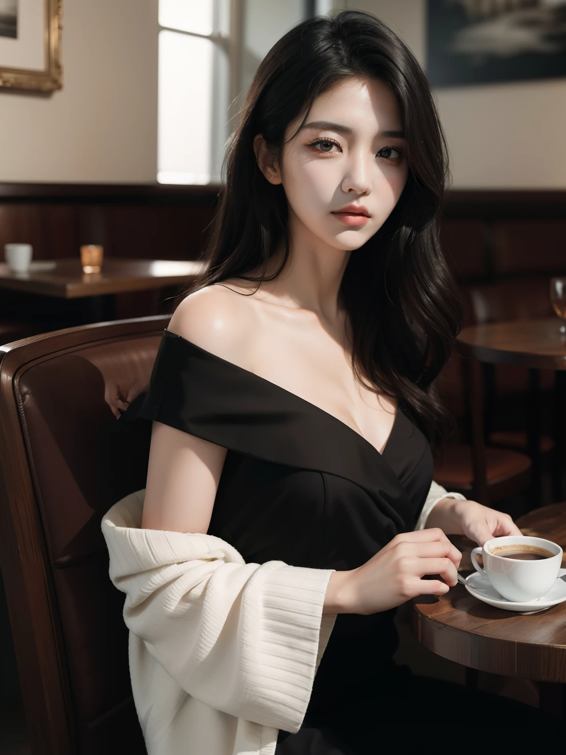 best qualityer, Masterpieces, Super high resolution, (photograph realistic:1.5), Original image,Black dress ,Korean 1girl, offshoulder, In the dark, deepshadow, low tune, Cold light, Sexy look, long whitr hair,Cafe,pretty,lim light,swirling hair