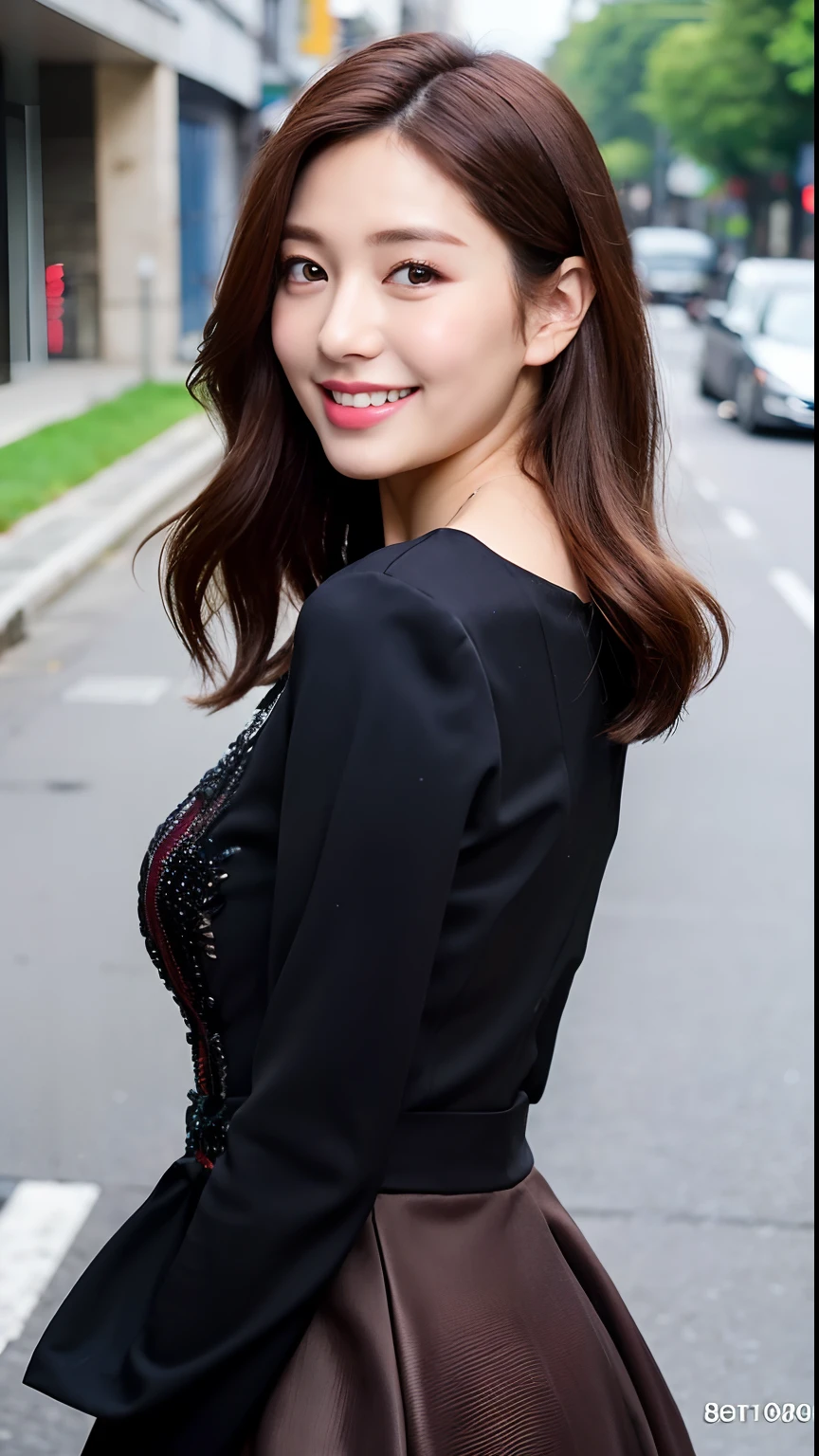 ((Best quality, 8k, Masterpiece :1.3)), 1girl, smiling, full body, slim face, Pretty woman, (Dark brown hair), full length dress :1.1, Ultra-detailed face, Detailed eyes, Double eyelid, blur background, slim face, city, outside, street,