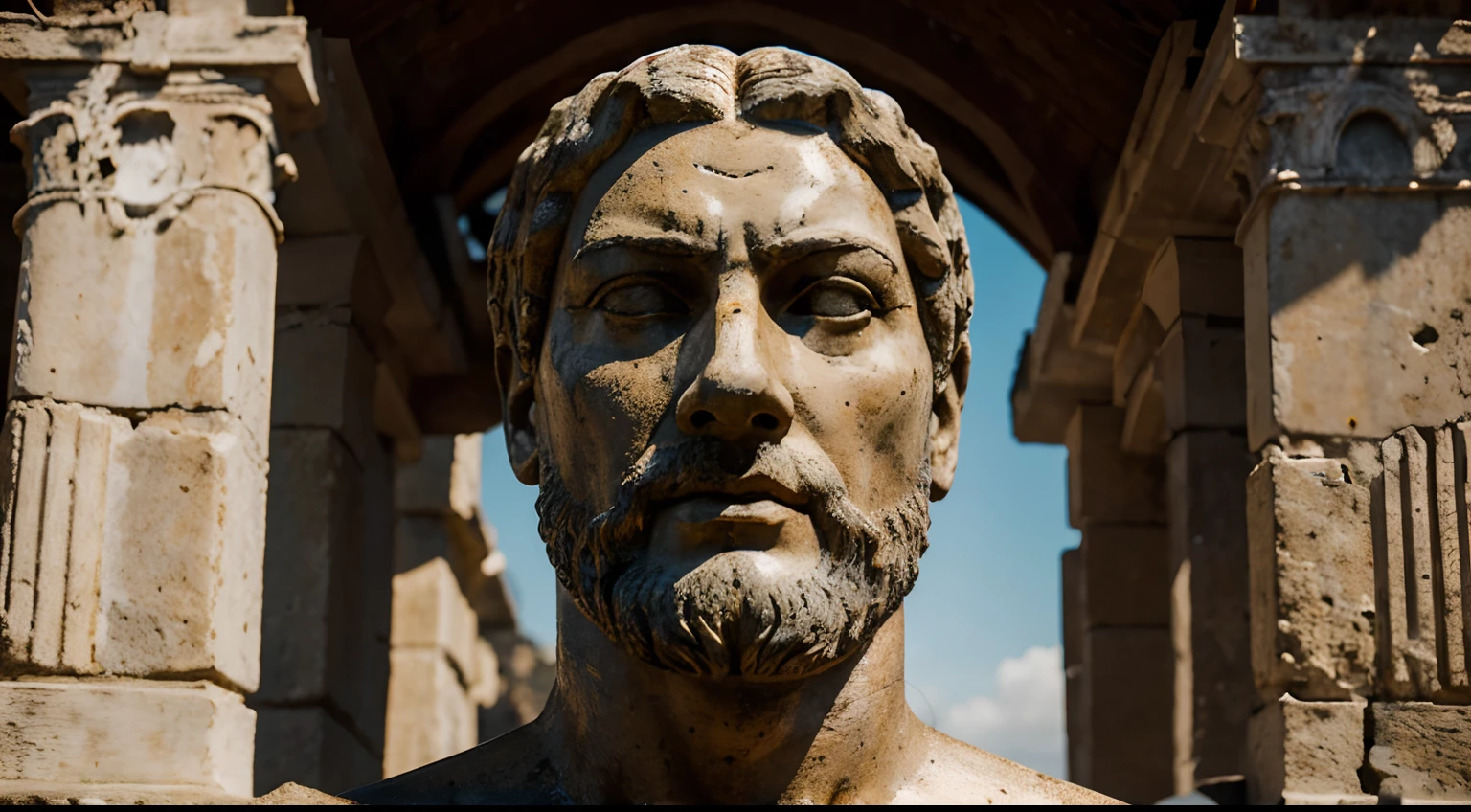 Ancient Stoic Statue With Very Angry Expression, tem barba, muitos detalhes em ambos os olhos, Outside, fundo atenas grego, open sky, com rosto extremamente detalhado full body view, Colors with low saturation with dark tone, Filmado em Sony A7S III com Sony FE 35mm f/1.8, 12.1 MP, --AR 3:2 --estilo cru