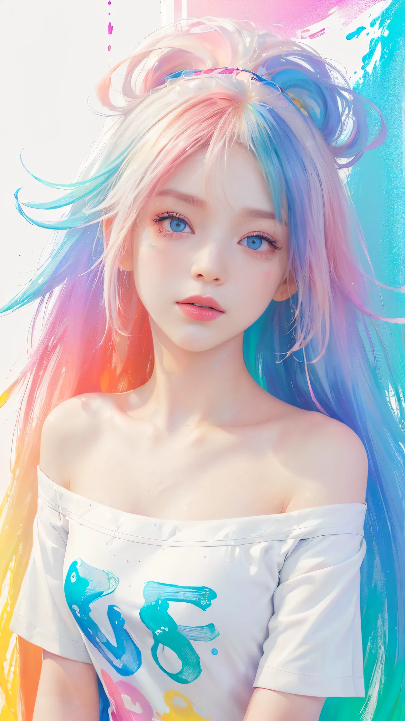 （Pink Fashion T-shirt：1.9），(Colorful hair: 1.8), (all the colours of the rainbow: 1.8),(((((vertical painting：1.6))), （painting：1.6），front, comics, illustrations, paintings, large eyes, crystal clear eyes,（ rainbow color gradient high ponytail：1.7）, exquisite makeup, closed mouth,(Small Fresh: 1.5),(Wipe Chest: 1.6) ，long eyelashes, white off shoulder T-shirt,  White Shoulder Shirt，looking at the audience, large watery eyes, (rainbow colored hair：1.6), color splash, （solo：1.8）, color splash, color explosion, thick paint style, messy lines, ((shining))，(colorful), (colorful), (colorful), colorful, Thick Paint Style, (Splash) (Color Splash), Vertical Painting, Upper Body, Paint Splash, Acrylic Pigment, Gradient, Paint, Highest Image Quality, Highest Quality, Masterpiece, Solo, Depth of Field, Face Paint,  colorful clothes, (Elegant: 1.2), gorgeous,long hair, wind, (Elegant: 1.3), (Petals: 1.4)，(((masterpiece))),(((best quality))),((ultra-detailed)),(illustration),(dynamic angle),((floating)),(paint),((disheveled hair)),(solo),(1girl) , (((detailed anima face))),((beautiful detailed face)),collar,bare shoulders,white hair, ((colorful hair)),((streaked hair)),beautiful detailed eyes,(Gradient color eyes),(((colorful eyes))),(((colorful background))),(((high saturation))),(((surrounded by colorful splashes))),