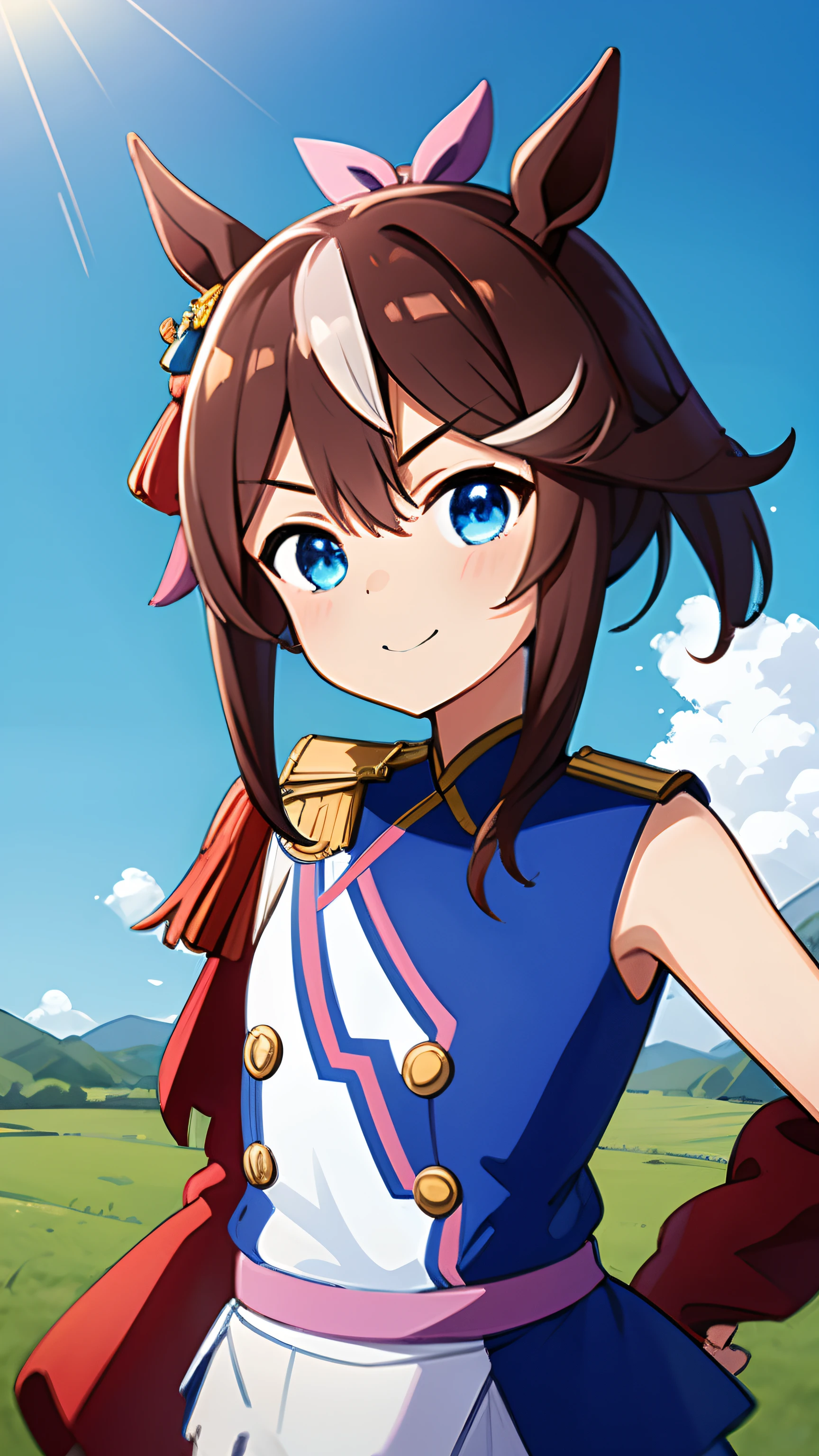 East China Sea_teio_\(Umamusume\),TokaiTeio,look at viewer ,a smile、cowboy  shot、lawn