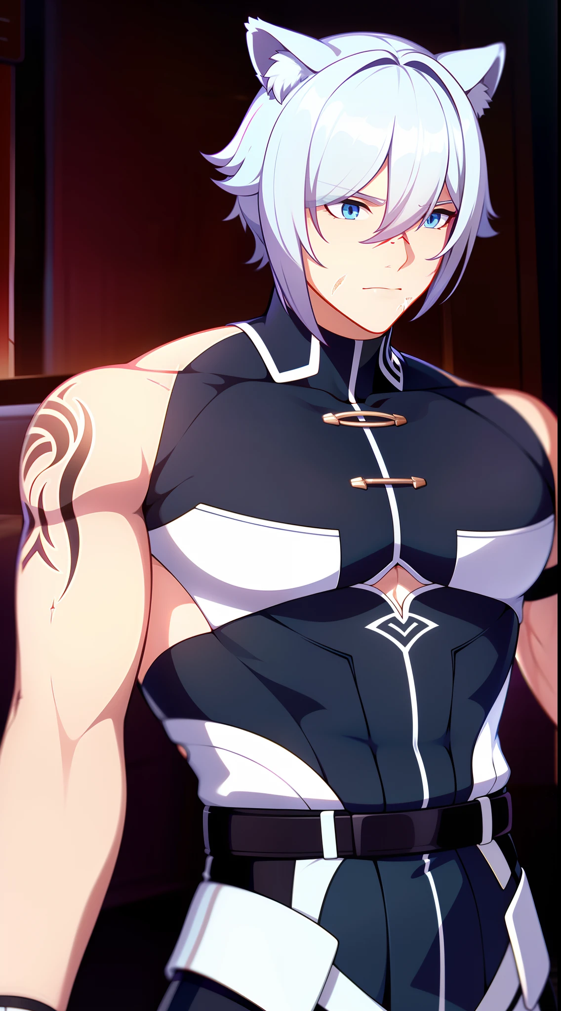 Grown-up guy, short white hair, cat ears, blue eyes, Combat uniform, musculature, open torso, belts, Scars, tattoo, claws, Masterpiece, hiquality, 4k, HD, Good detail