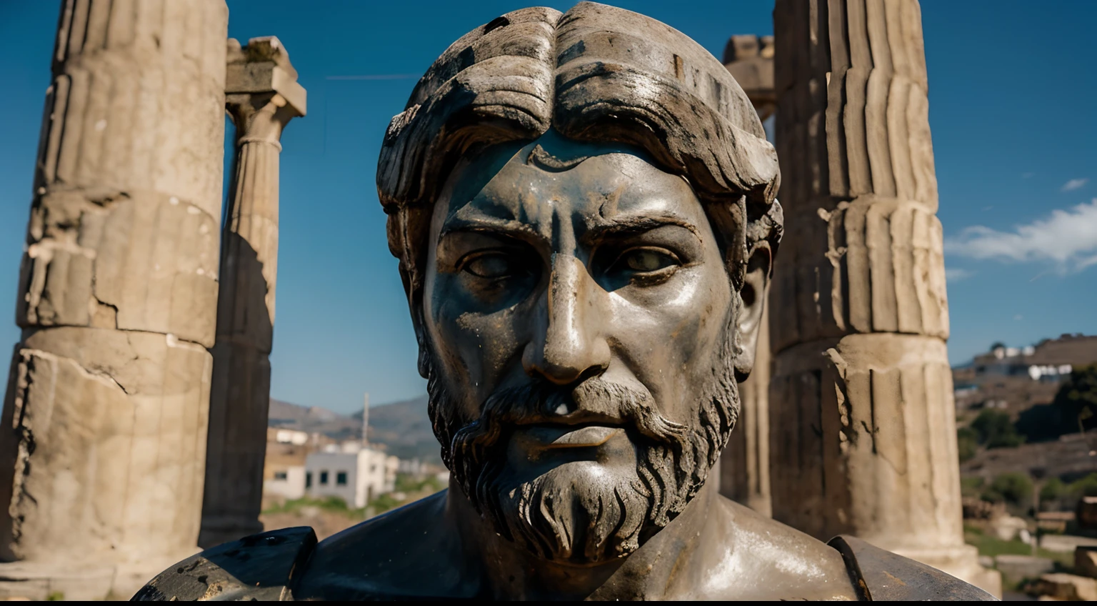 Ancient Stoic Statue With Very Angry Expression, tem barba, muitos detalhes em ambos os olhos, Outside, fundo atenas grego, open sky, com rosto extremamente detalhado full body view, Colors with low saturation with dark tone, Filmado em Sony A7S III com Sony FE 35mm f/1.8, 12.1 MP, --AR 3:2 --estilo cru