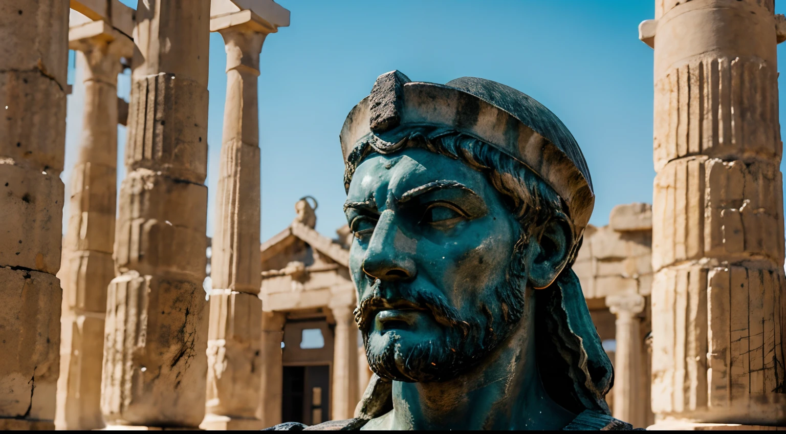 Ancient Stoic Statue With Very Angry Expression, tem barba, muitos detalhes em ambos os olhos, Outside, fundo atenas grego, open sky, com rosto extremamente detalhado full body view, Colors with low saturation with dark tone, Filmado em Sony A7S III com Sony FE 35mm f/1.8, 12.1 MP, --AR 3:2 --estilo cru