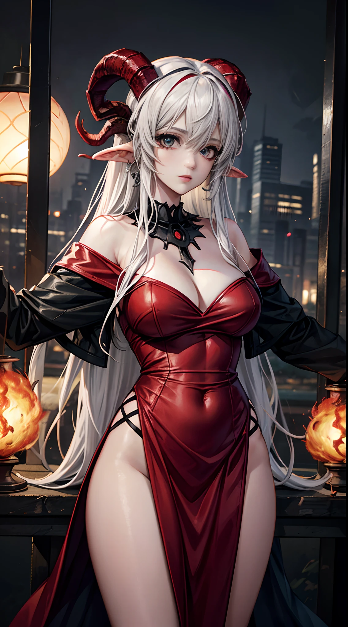 ruined castle as background, female devil with the horns, fire as background, White color hair, Off-the-shoulder attire, sexy dress, masterpiece, (high detail:1.1), Rough face, seductive, sexy pose, fashion model posing, Large breasts, Natural skin, high quality, NSFW, beautiful eyes, (Detailed face and eyes), (the face: 1 2), noises, Extra, real photograph, PSD, Lamp film photography, sharp focus, contrasty lighting, Delicate skin, High resolution 8K, insanely details, realistic-lying, professional photo shooting, 8K UHD, SLR camera, soft lighting, high high quality, film-grain, Fuji film XT3