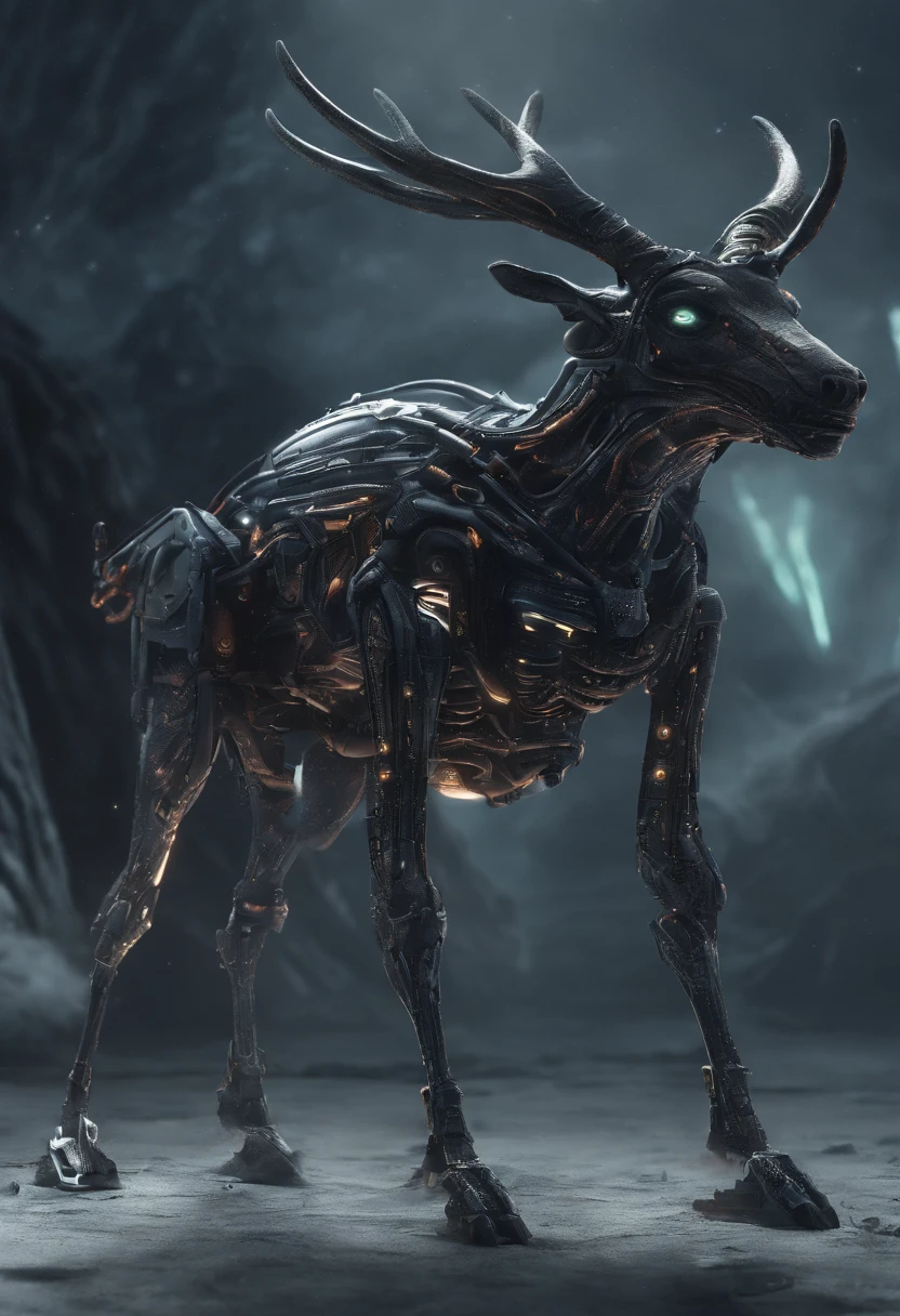 Quadrupedal, four thin legs, deer like tail, deer like ears, deer like horns, pitch black skin, chubby belly, wide hips, thick thighs, massive rear.