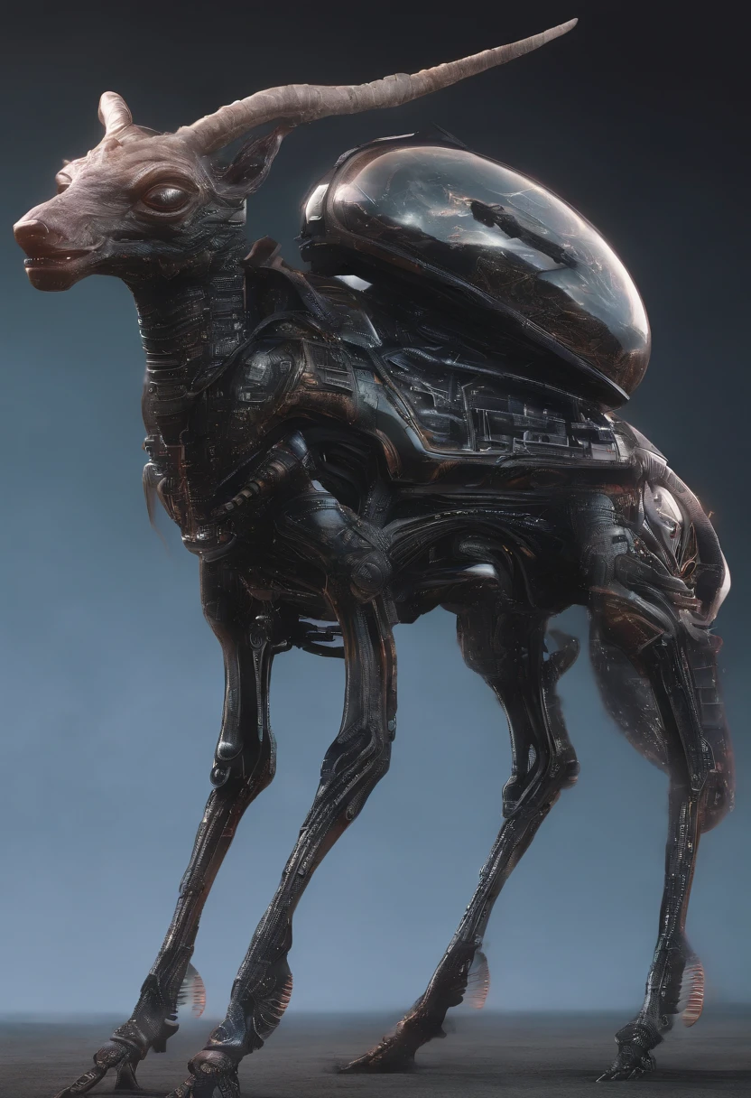 Quadrupedal, four thin legs, deer like tail, deer like ears, deer like horns, pitch black skin, chubby belly, wide hips, thick thighs, massive rear.