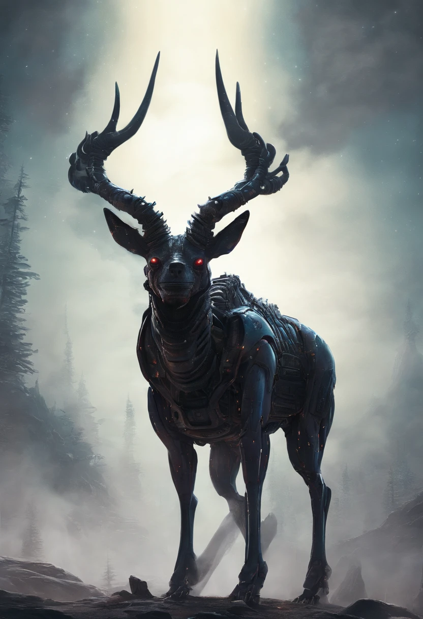 Quadrupedal, four thin legs, deer like tail, deer like ears, deer like horns, pitch black skin, chubby belly, wide hips, thick thighs, massive rear.