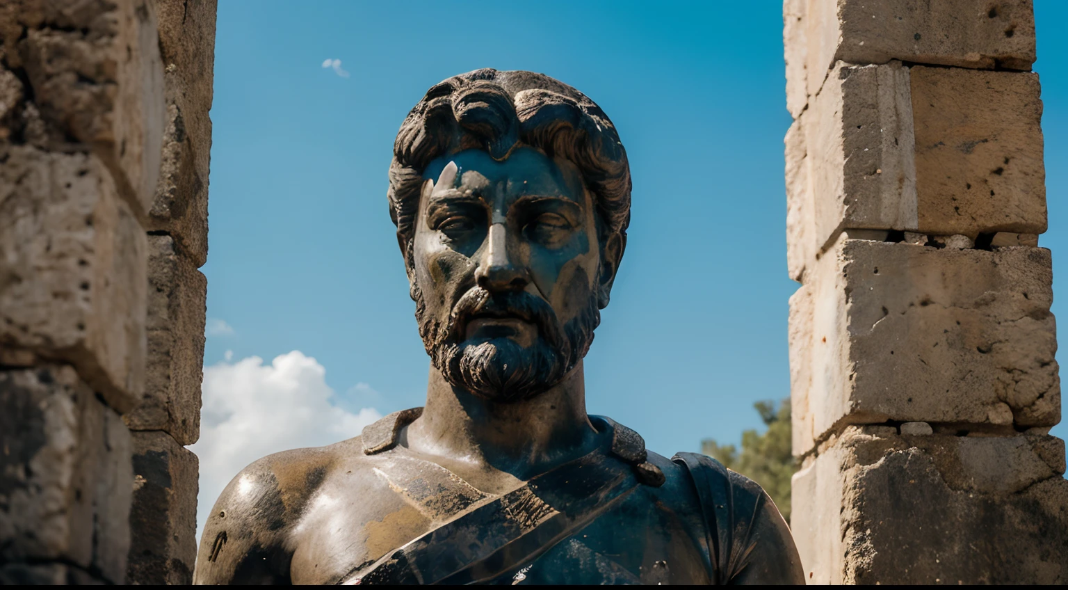 Ancient Stoic Statue With Very Angry Expression, tem barba, muitos detalhes em ambos os olhos, Outside, fundo atenas grego, open sky, com rosto extremamente detalhado full body view, Colors with low saturation with dark tone, Filmado em Sony A7S III com Sony FE 35mm f/1.8, 12.1 MP, --AR 3:2 --estilo cru