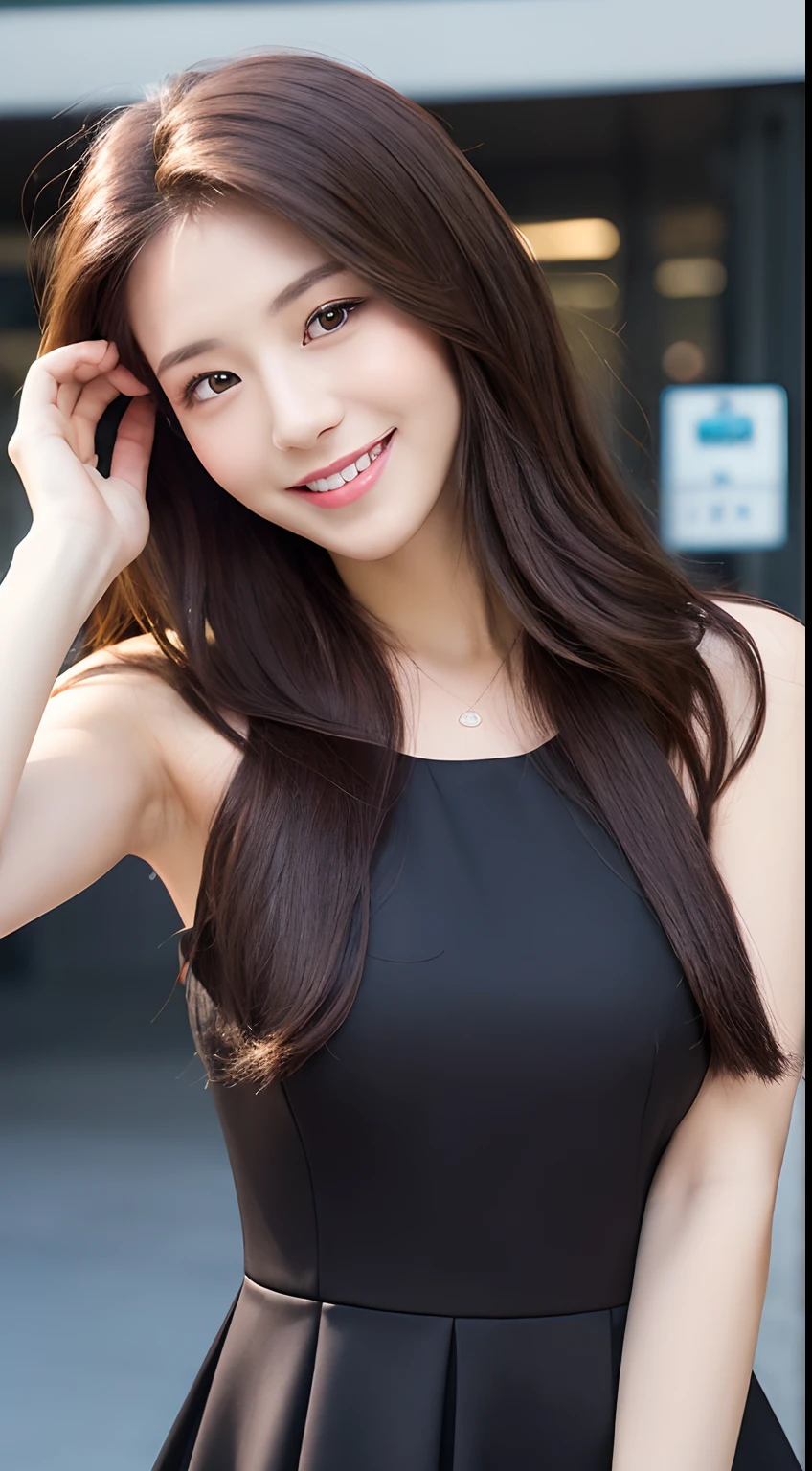 ((Best quality, 8k, Masterpiece :1.3)), 1girl, smiling, full body, slim face, Pretty woman, (Dark brown hair), full length dress :1.1, Ultra-detailed face, Detailed eyes, Double eyelid, blur background, slim face, city, outside, street,