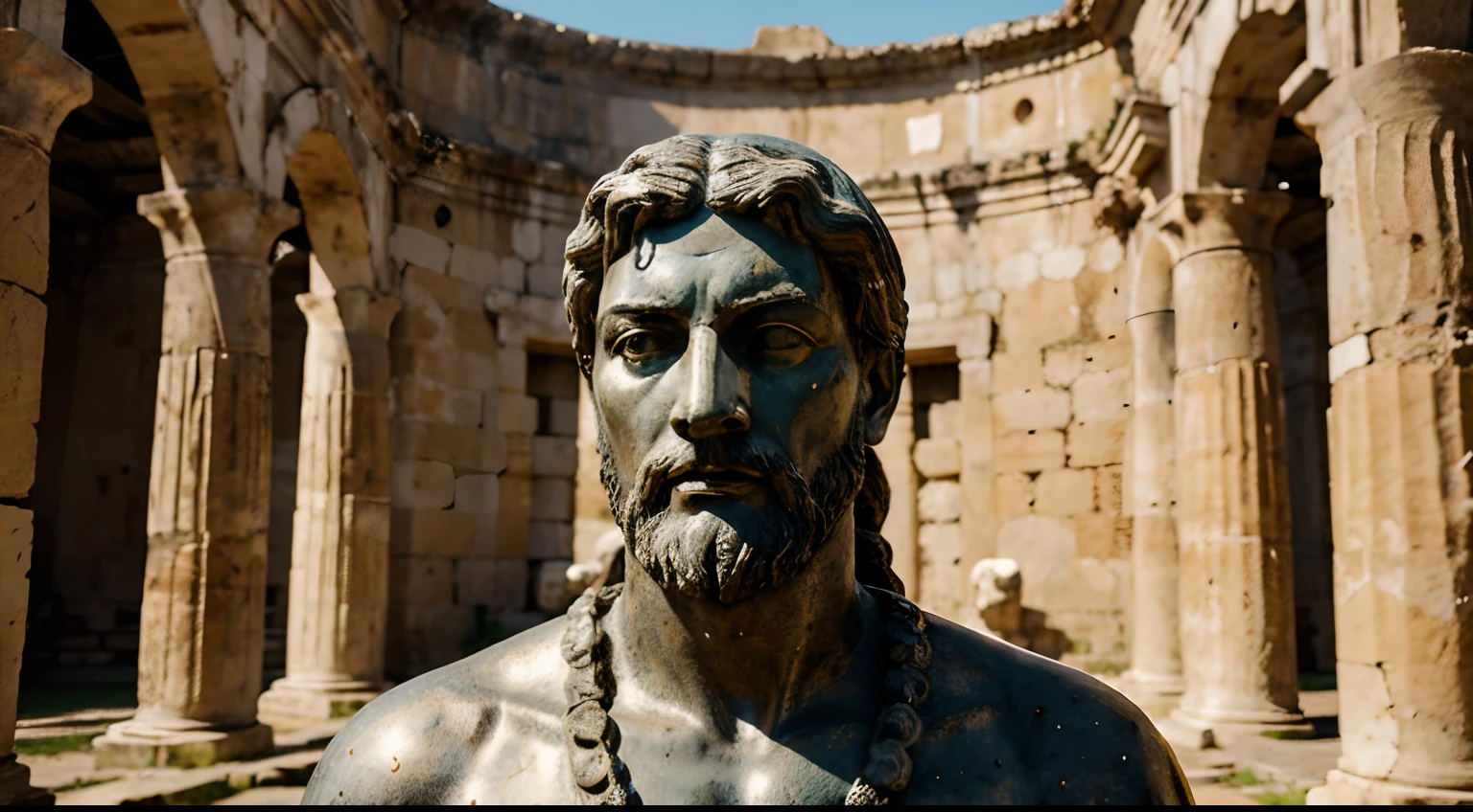 Ancient Stoic Statue With Very Angry Expression, tem barba, muitos detalhes em ambos os olhos, Outside, fundo atenas grego, open sky, com rosto extremamente detalhado full body view, Colors with low saturation with dark tone, Filmado em Sony A7S III com Sony FE 35mm f/1.8, 12.1 MP, --AR 3:2 --estilo cru